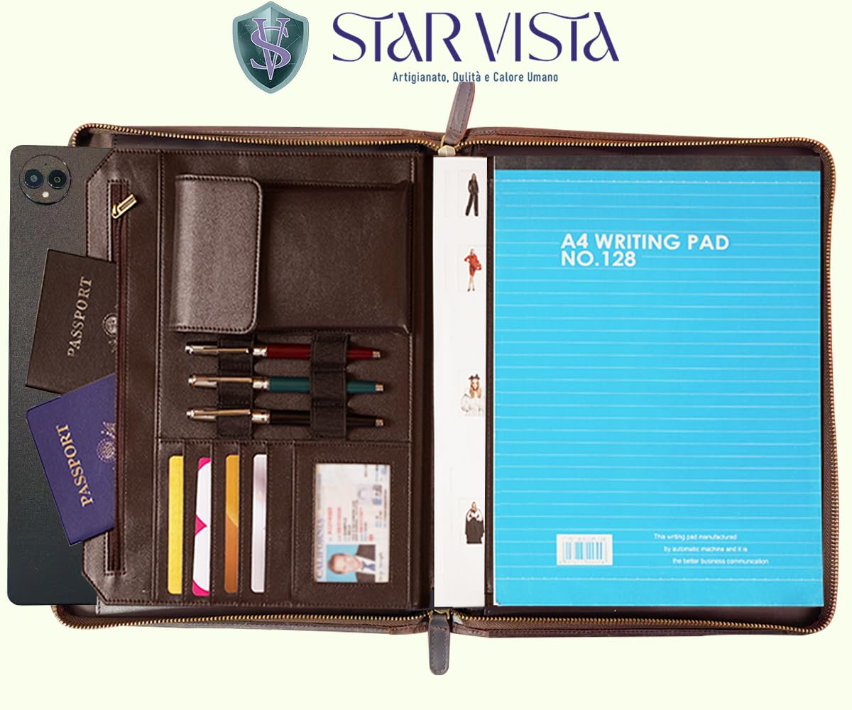STAR VISTA Flamingo Full Grain Cowhide Leather Portfolio Padfolio, Folder with Dual YKK Zippers, Notebook Binder for A4/Pad, Sleeve for 13" Tablet & 6.8" Phone, Business, Meeting or Travel Mate