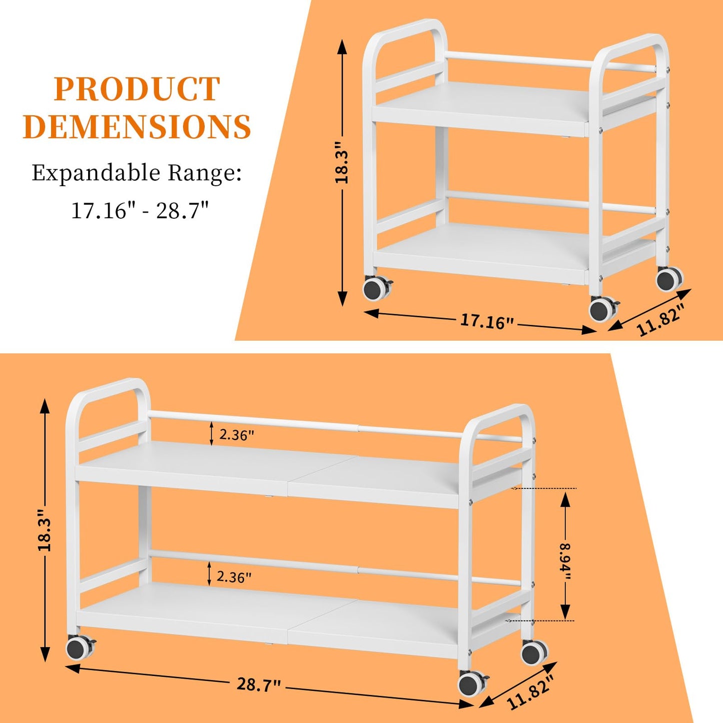 DAOUTIME 2-Tier Expandable Rolling Cart, Pantry Storage Cart with Wheels, Adjustable Rolling Pantry Floor Organizer, Metal Under Desk Cart, Sturdy Can Storage & Snack Organizer for Kitchen Pantry