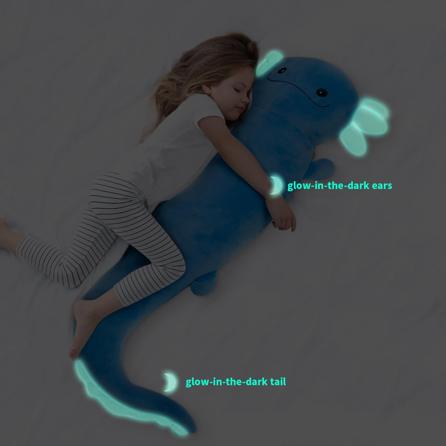 48 inch Giant Axolotl Plush Stuffed Animal, Big Blue Axolotl Glow in The Dark Fluorescent Plushies, Jumbo Salamander Body Pillow Gifts for Kids Adults, Birthday