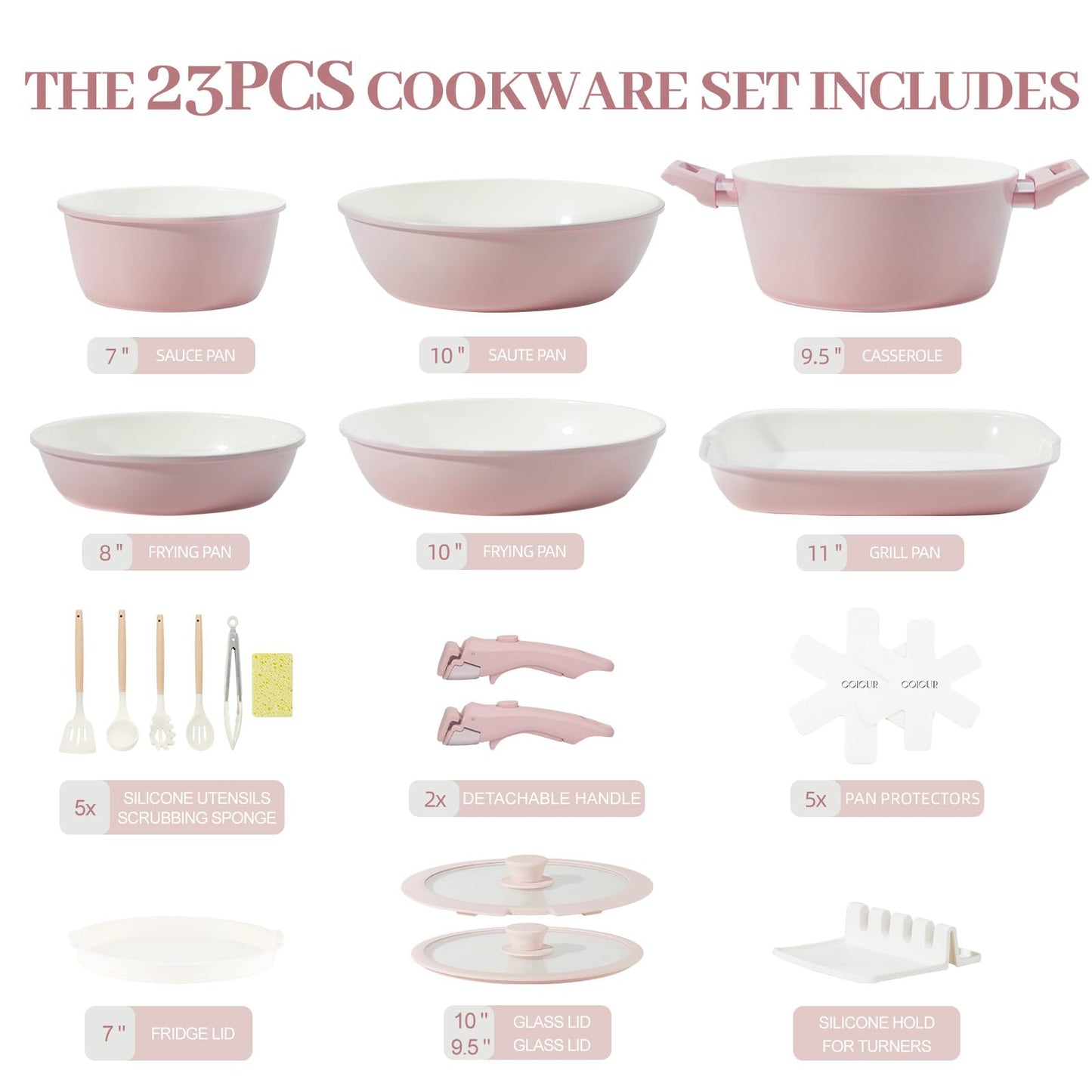 23Pcs Ceramic Cookware Set Non Stick Pots and Pans Set Non Toxic with Detachable Handle Induction Kitchen Cookware Set Space Saving, Oven & Dishwasher Safe, Light Pink
