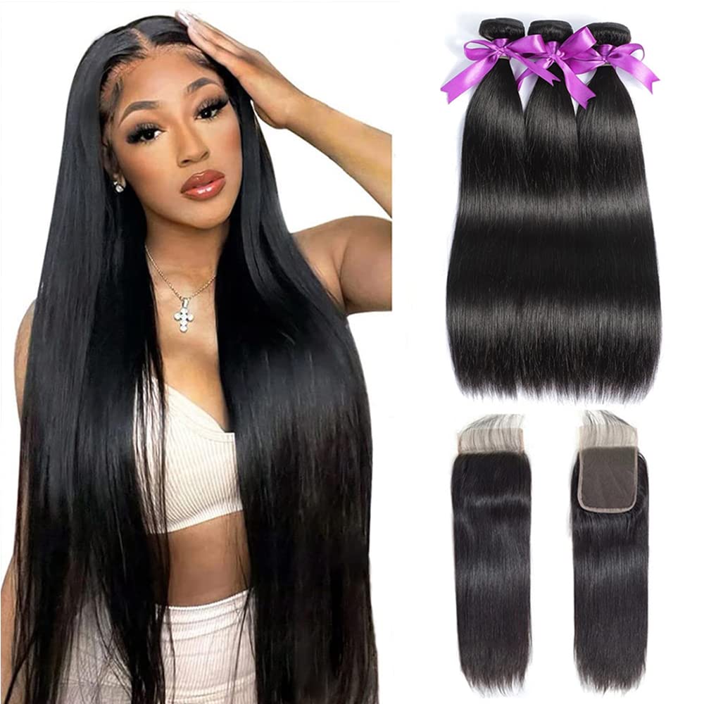 Straight Bundles with Closure Human Hair 20 22 24+18 Brazilian Human Hair Bundles with Closure Straight 100% Unprocessed Virgin Weave Hair Bundles with Closure 10A Bundles Human Hair with Lace Closure
