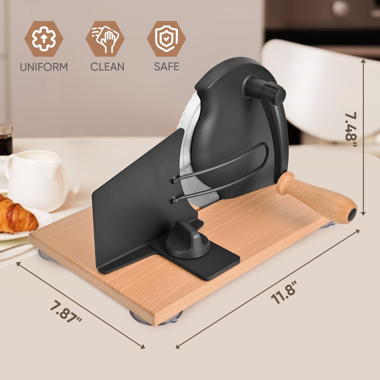 SOWKIPE Manual Bread Slicer with Hand Crank, Classic Home Bread Slicer for Homemade Sourdough, Rotary Slicer with Adjustable Thickness, Premium Stainless Steel & Powerful Suction Cups (Black)