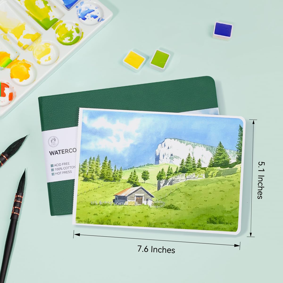 Lightwish Watercolor Journal, 2 Pack 40 Sheets 100% Cotton Hot Press Watercolor Paper Sketchbook 7.6” x 5.3”,140lb/300gsm, Acid-Free for Watercolors, Gouache, Acrylics