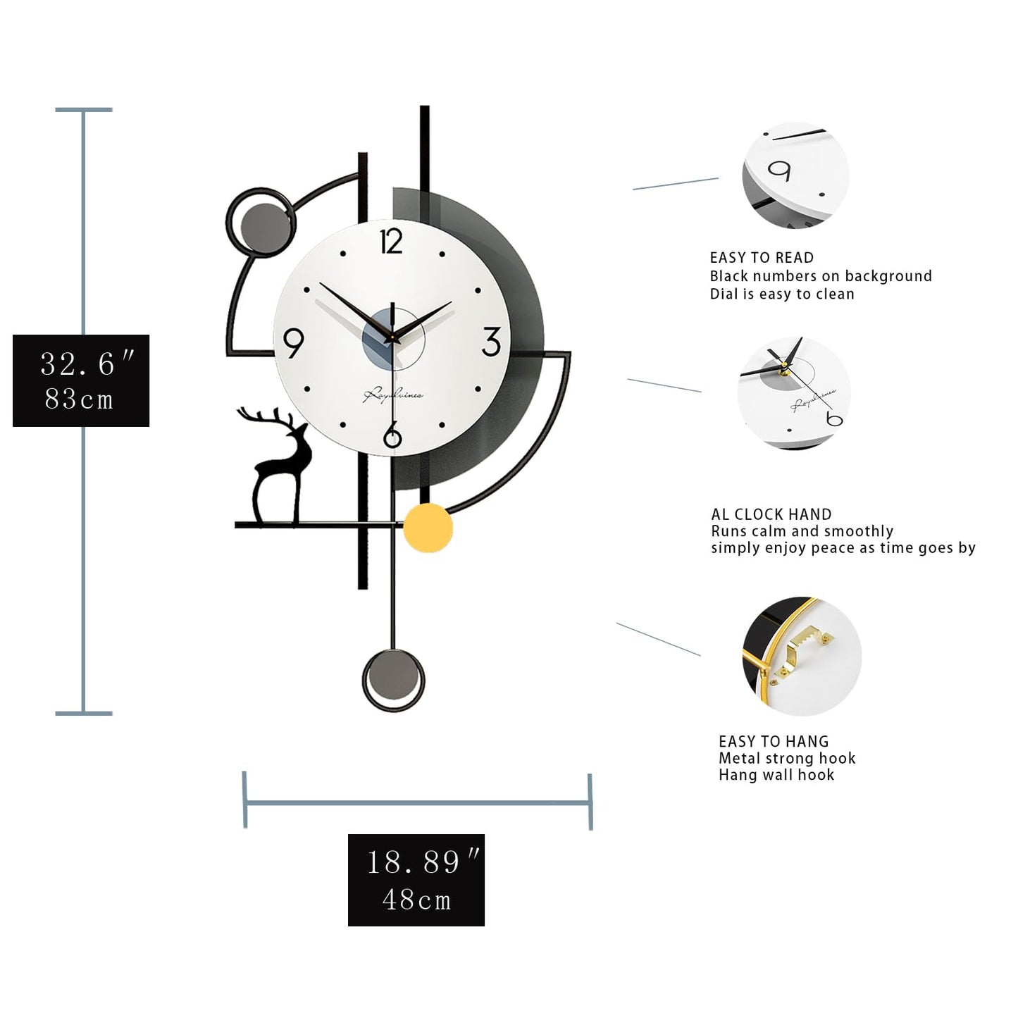 FLEBLE Extra Large Wall Clock for Living Room Decor Modern Wall Clocks Decorative Silent Battery Operated Non-Ticking for Bedroom Office Kitchen Indoor 32 inch Black Pendulum Wall Watch Clock for Home
