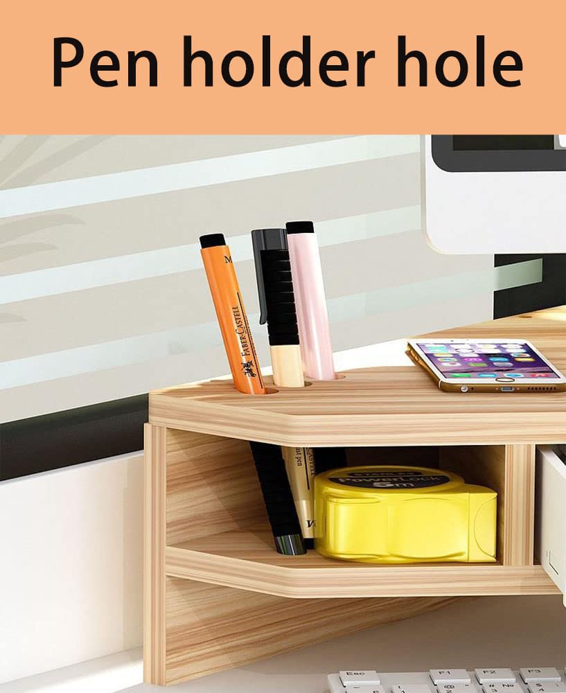 KUAIYU Triangle Monitor Stand Riser,Cut Triangle Save Space Desktop Corner,Desktop corner shelf with drawers wooden computer stand with storage laptop risers office organization. (Have drawers)