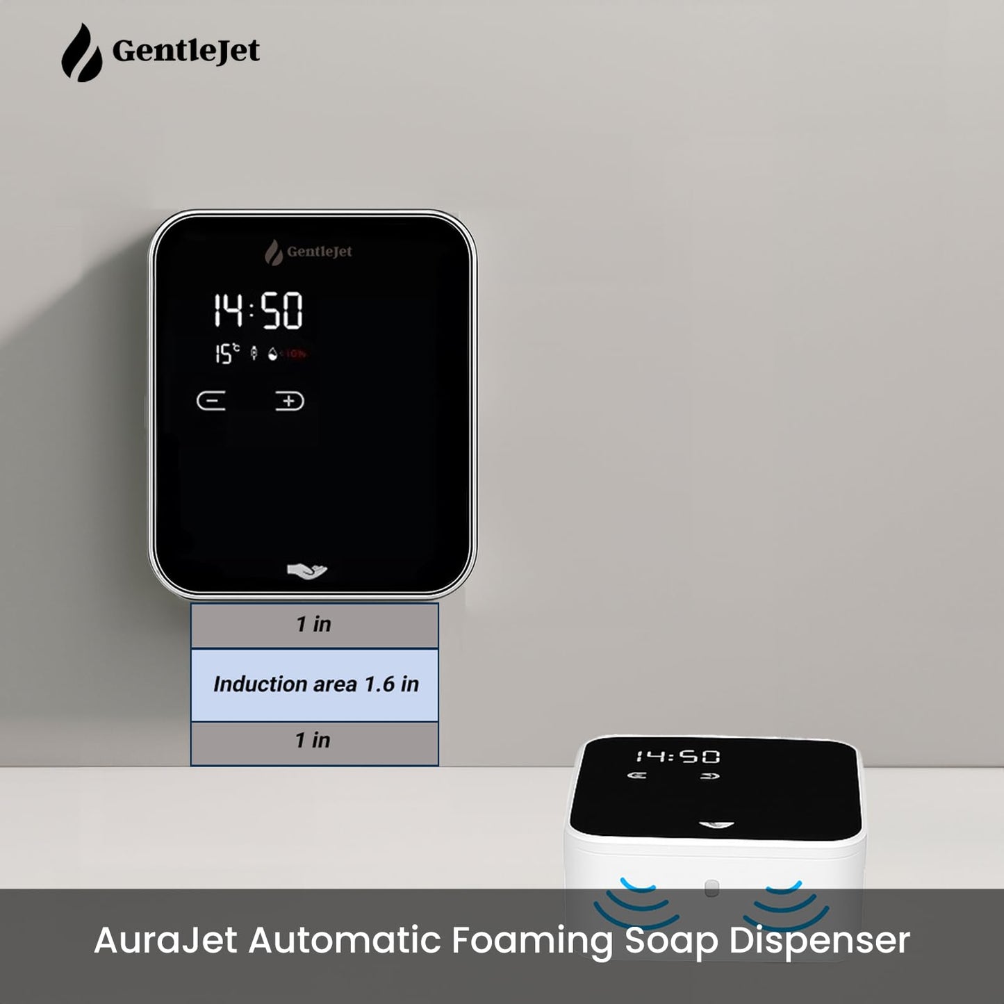 GentleJet AuraJet Automatic Foaming Soap Dispenser, LED Display, Aluminum Alloy Body, 5 Foam Levels Adjustable, USB-C or Battery Powered, 16.2 oz Automatic Soap Dispenser Touchless Wall Mount