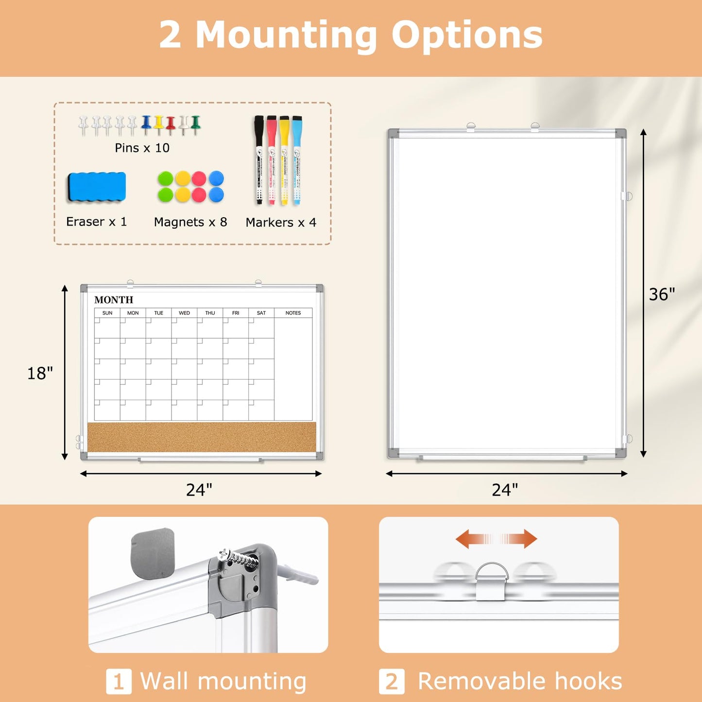 QUEENLINK Dry Erase Calendar Board for Wall, 24"x18" Magnetic Whiteboard Calendar Double-Sided Monthly White Board with Cork Board, Aluminum Frame Memo Message Board for Office, Home, School, Kitchen