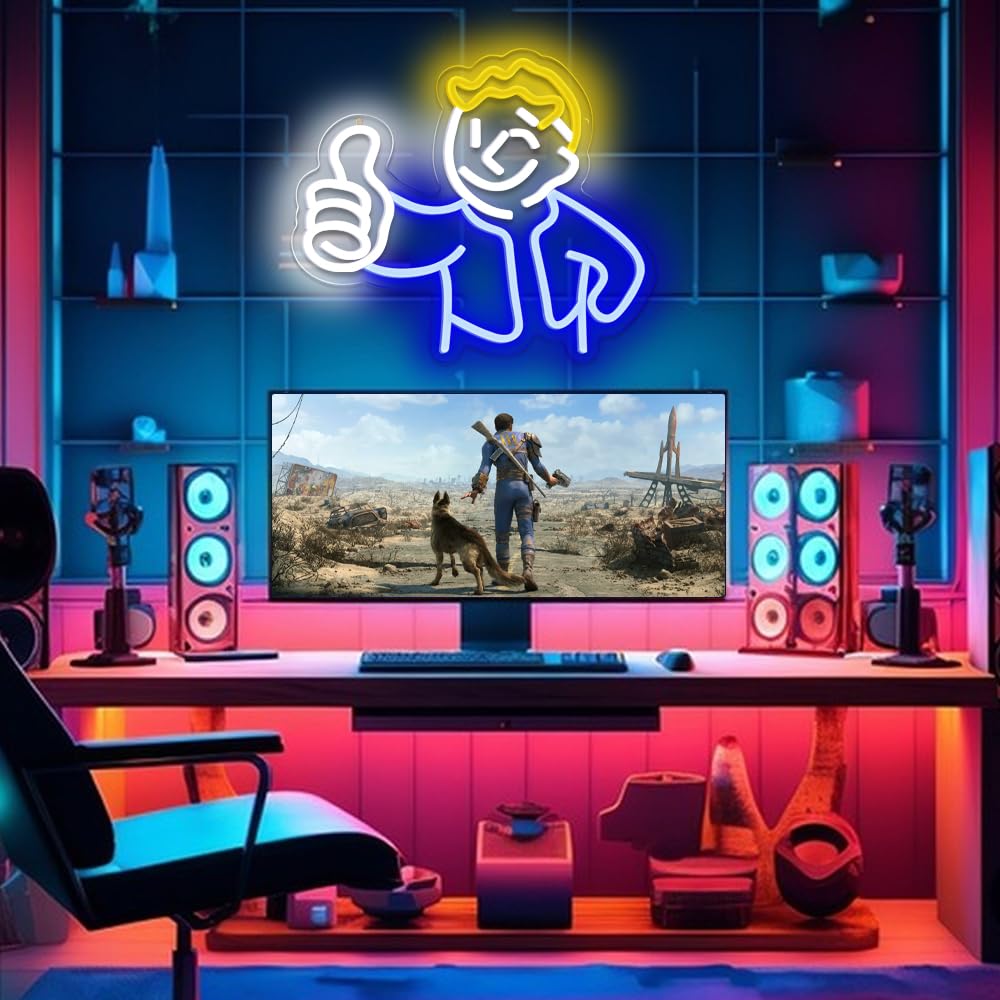 PILOYINDE Gaming Neon Sign Vault Boy Neon Signs for Wall Decor Game Neon Light Gamer Mave Cave Bedroom Vault Boy Neon Light LED Signs for Wall Light Up Game Neon Signs for Gamer