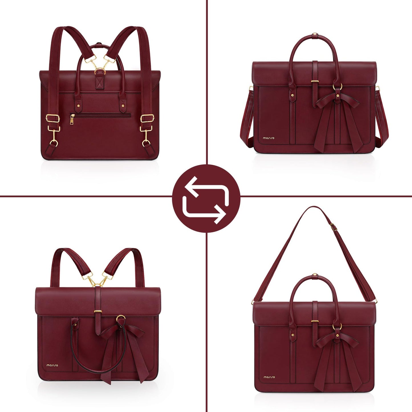 MOSISO Laptop Bag for Women, 15-15.6 inch PU Leather Laptop Shoulder Bag Convertible Backpack, 16 inch Messenger Bag Casual Handbag Work Briefcase Travel Computer Bag with Bowknot, Wine Red