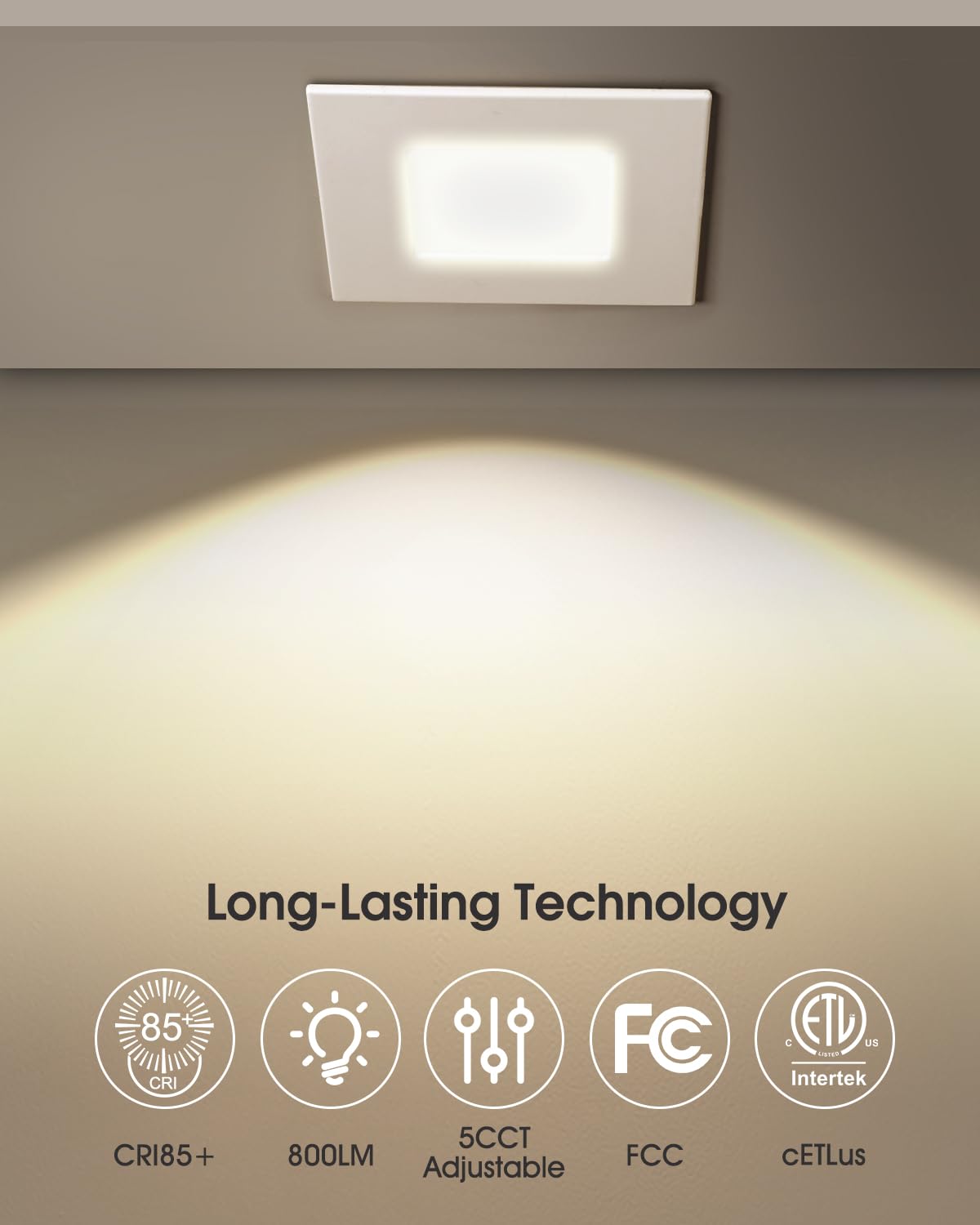 ZYC 4-inch Square Recessed Lighting - Ultra Thin Dimmable Square LED Ceiling Light,5 Color Temperature 2700-5000K Selectable,9W 800LM High Brightness,Canless Wafer Downlight,Pack of 6 Gold.