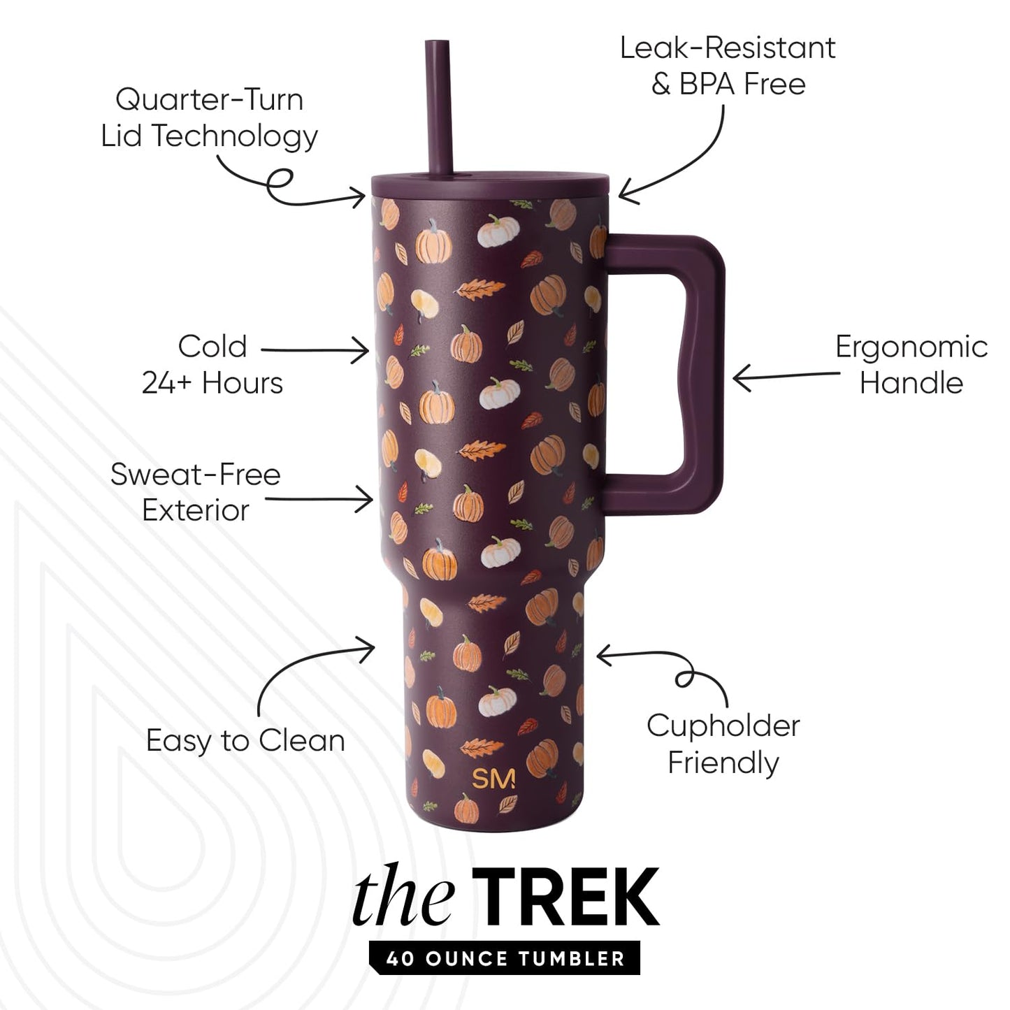 Simple Modern Halloween 40 oz Trek Tumbler with Handle and Straw Lid | Cup Holder Friendly Insulated Stainless Steel Travel Mug | Pumpkin & Leaves