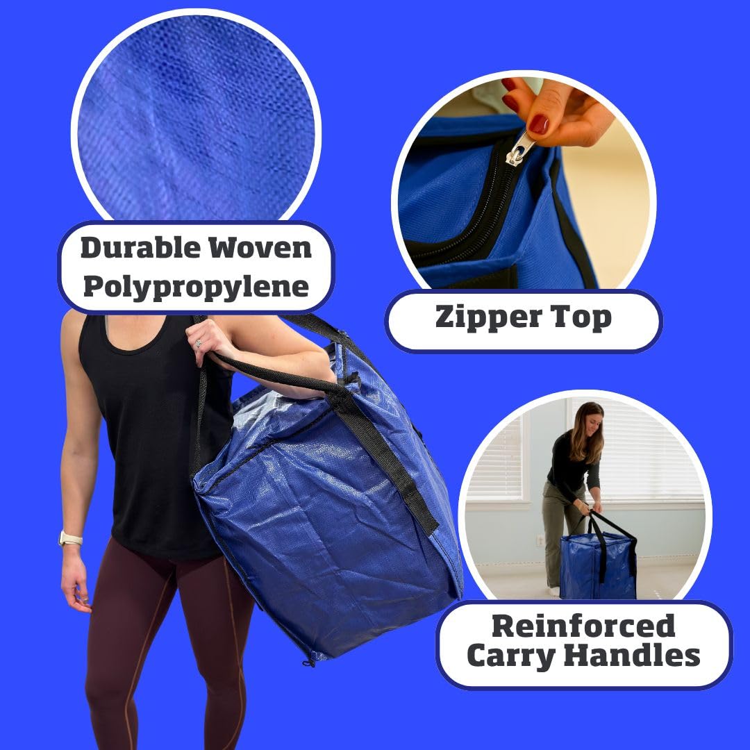 DURASACK Heavy Duty Storage Tote Bag with Zipper Top 22-Gallon Rugged Woven Polypropylene Moving Bag, Reusable Self-Standing Design, Holds up to 500 Pounds, Pack of 4, Blue