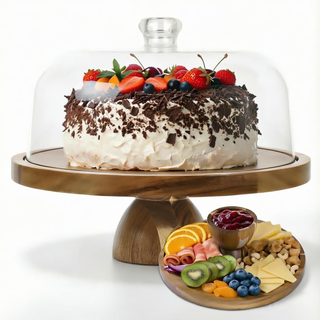 JOCHER Acacia Wood Cake Stand with Lid, 12in Cake Stand with Acrylic Dome (Not Glass), 2-In-1 Cake Display Stand for Charcuterie Board, Chips & Dips, Fruit Platter, Wedding, Birthday, Parties