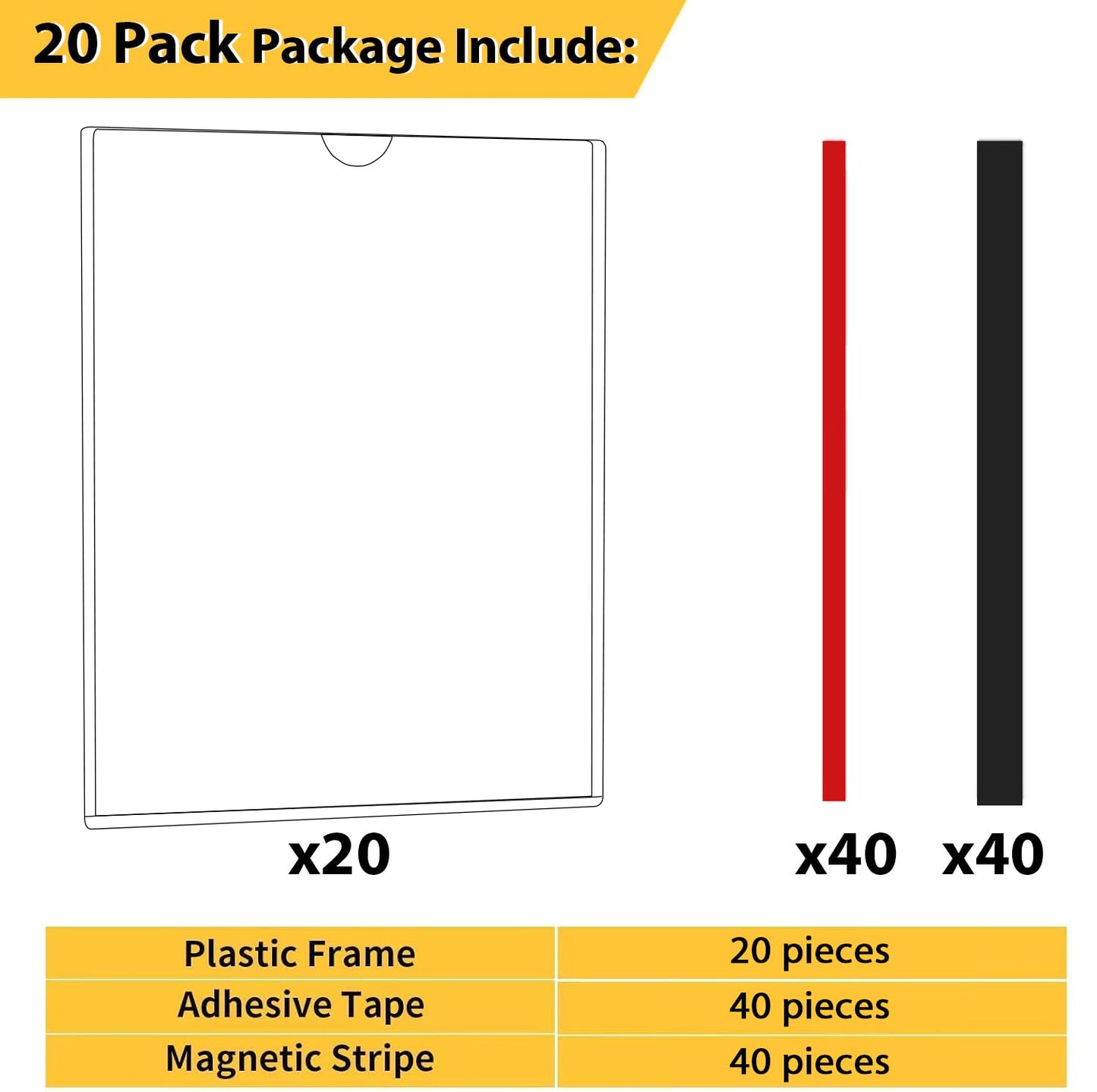 PUJIANG 20 Pack Magnetic Sign Holder 8.5 x 11 - Wall Sign Holder Rigid Plastic Sign Holder with Magnet Strips and Adhesive Strips - Magnetic Display Frame Door Sign Holder