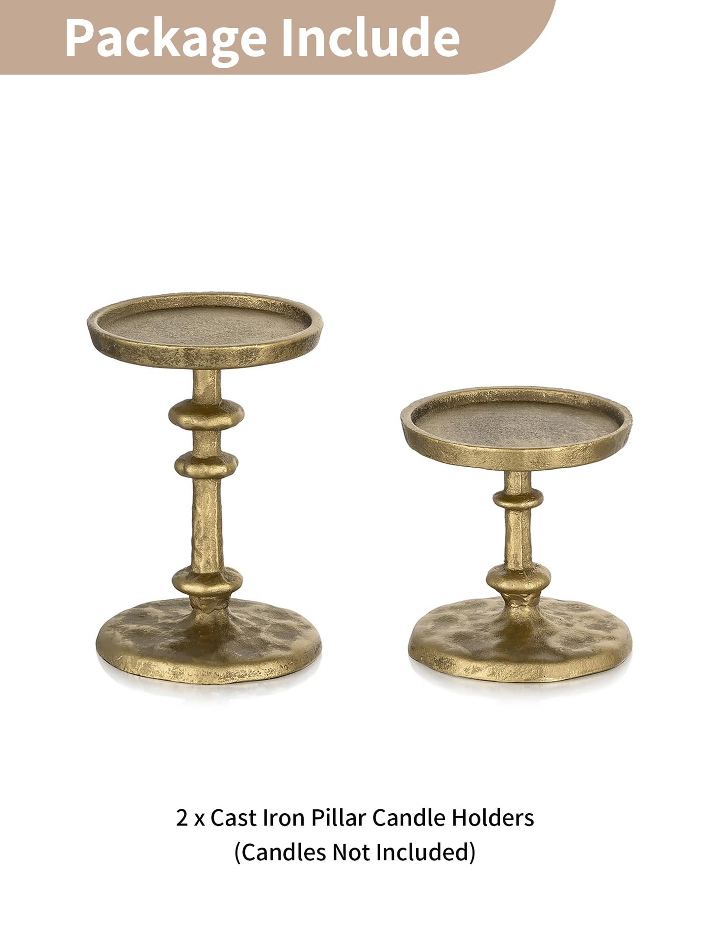 NUPTIO Gold Candle Holders for Pillar: Antique Brass Cast Iron Candleholder for 3 Inch Pillars -Heavy Metal Candle Stand for Christmas Party Table Decor