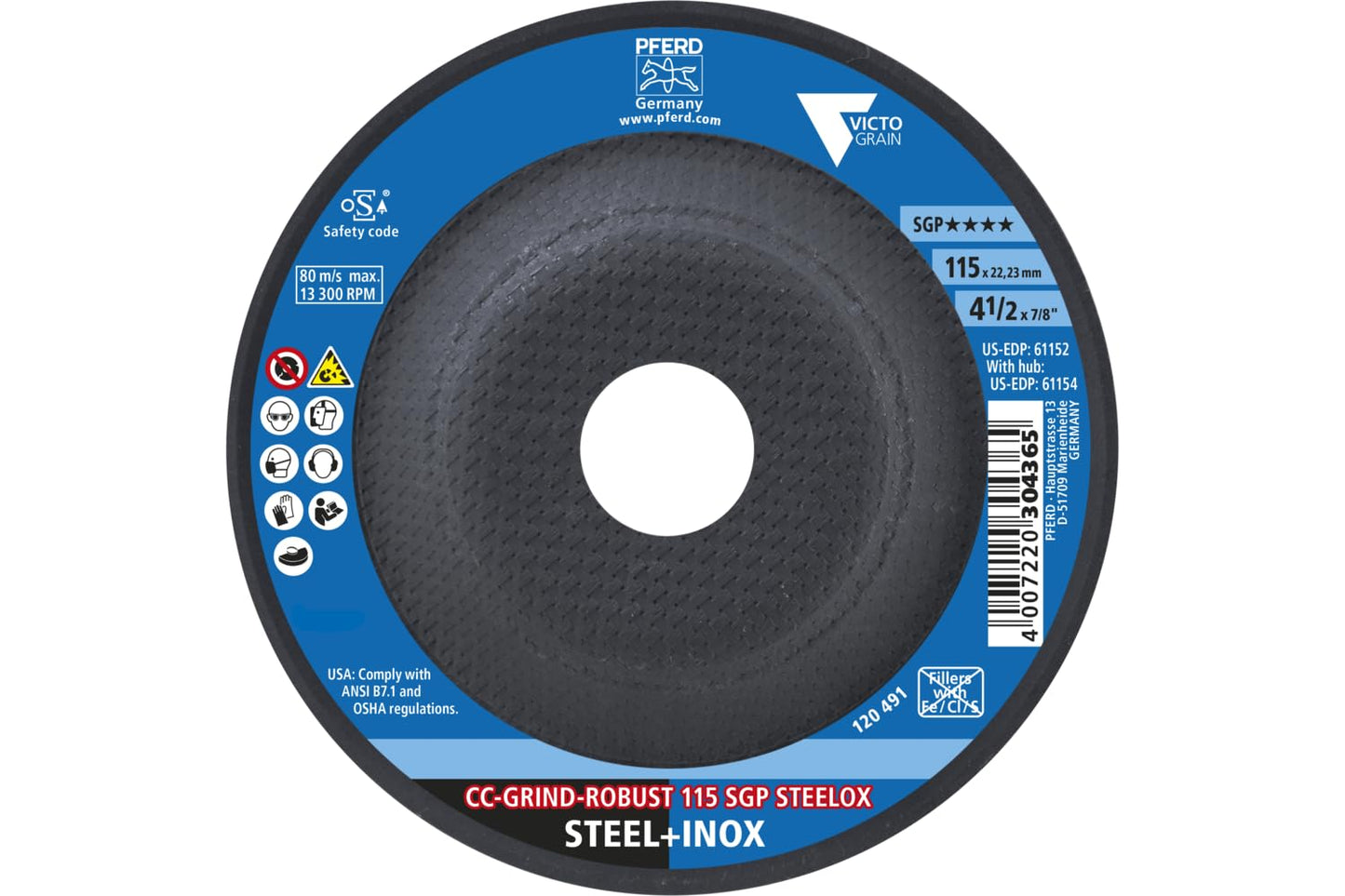 PFERD CC-Grind®-Robust, 4-1/2" x 7/8" - SGP STEELOX VICTOGRAIN® Ceramic - High-Performance Abrasive Disc for Aggressive Grinding Grinding Disc - Part 61152 (Pack of 10)