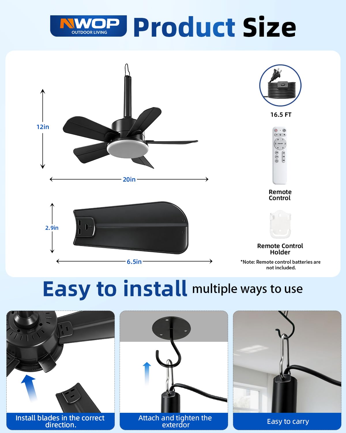 NWOP 20 Inch Plug-In Outdoor Ceiling Fan with Light and Remote, Waterproof Wet Rated Mini Ceiling Fan for Small Spaces, 5 Blade Quiet Compact Ceiling Fan for Patio Balcony Gazebo Porch, Black