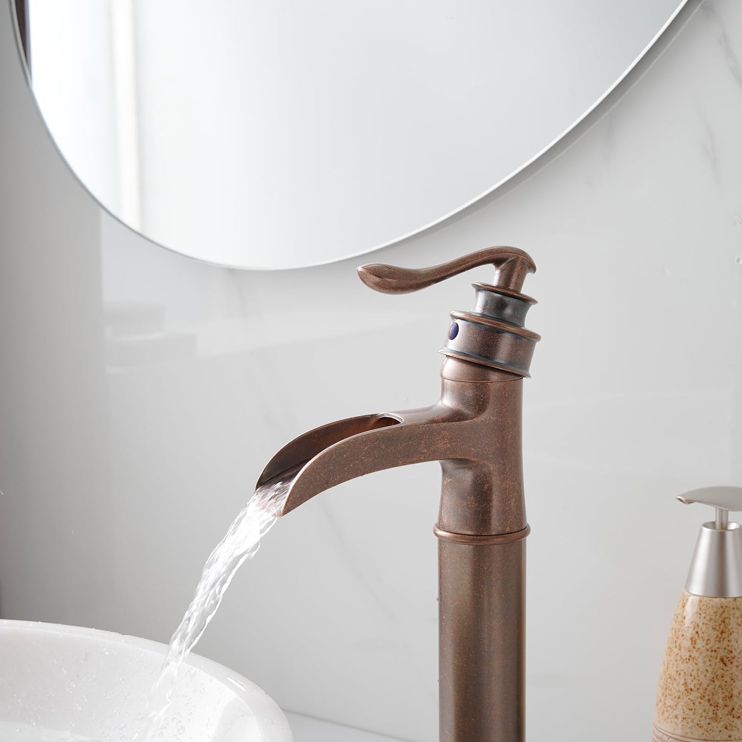 BWE Vessel Sink Faucet Waterfall Antique Copper Single Hole with Pop Up Drain Stopper Without Overflow and Supply Lines One Handle Vanity Basin Bath Sink Mixer Tap