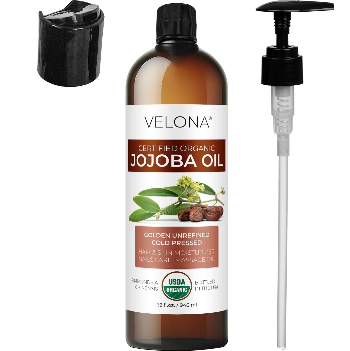 velona Jojoba Oil USDA Certified Organic - 32 Fl Oz (With Pump) | 100% Pure and Natural Carrier Oil| Golden, Unrefined, Cold Pressed, Hexane Free