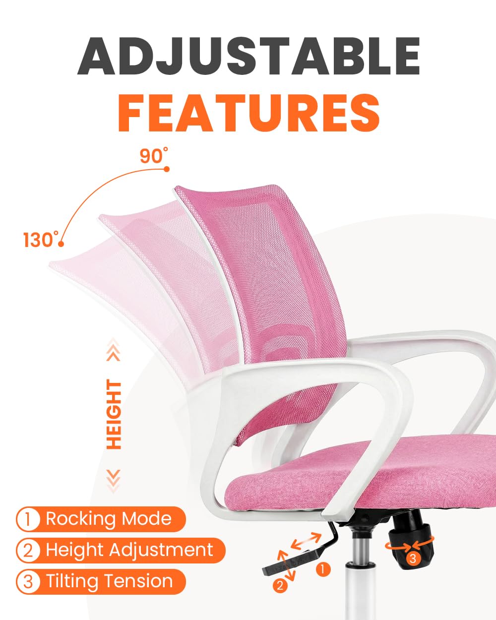 NEO CHAIR Office Desk Computer Chair Ergonomic Mesh Gaming Cushion Seat with Comfy Lumbar Mid Back Support Adjustable Height Swivel Rolling Wheels for Home Task (Pink)