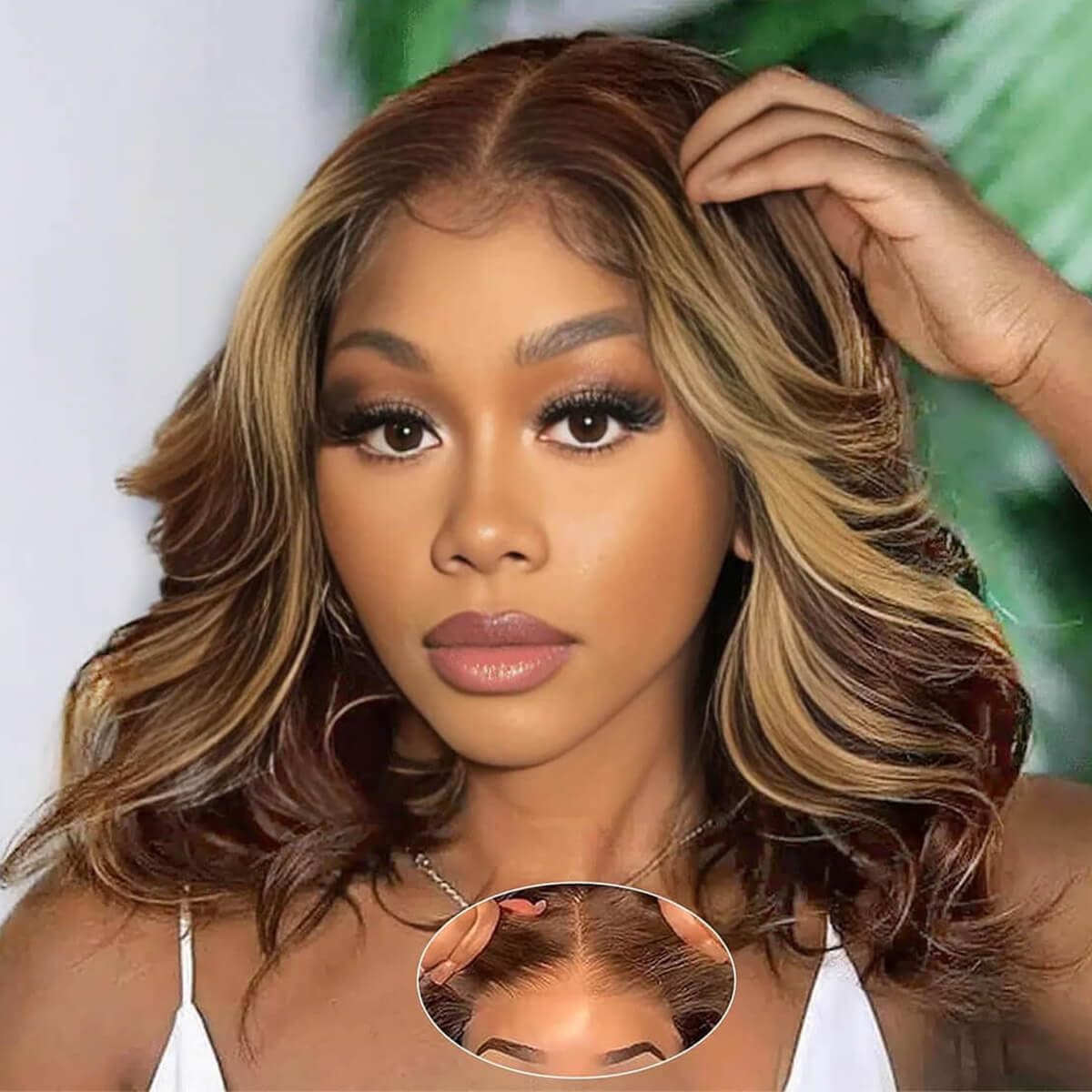 ISEE Wear Go Glueless Wigs Human Hair Pre Plucked Pre Cut Short Bob Body Wave Lace Front Wigs Human Hair for Women Upgraded Glueless Bob Wig 7x5 HD Lace Closure Wigs (Highlight Ombre, 16 Inch)