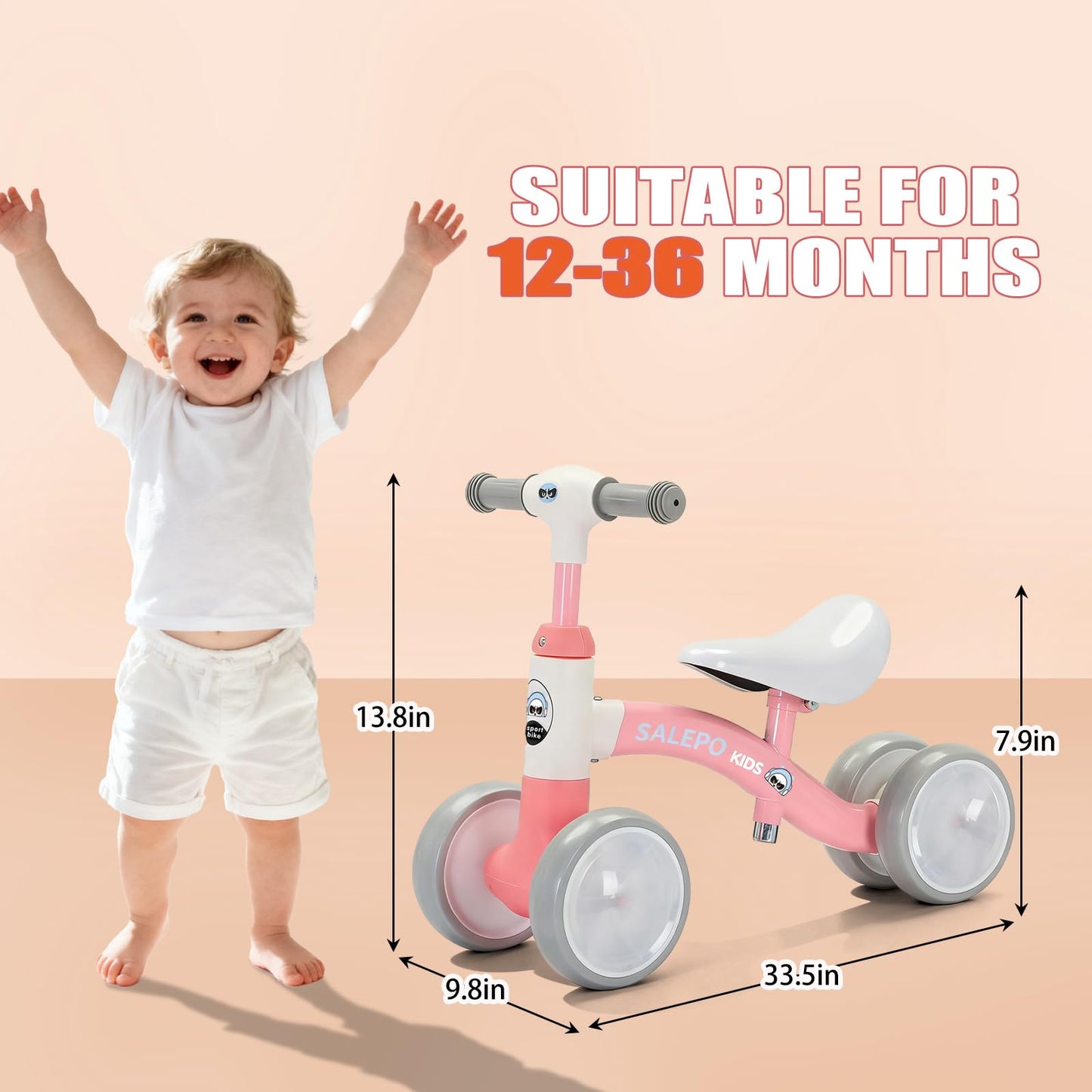 Baby Balance Bike Toy for for 12-36 Months, Toddler Balance Bike with Adjustable Seat, Handle &4 Silence Wheels No Pedal, Pre-School First Ride for Boy Girl First Birthday Gift(Pink)