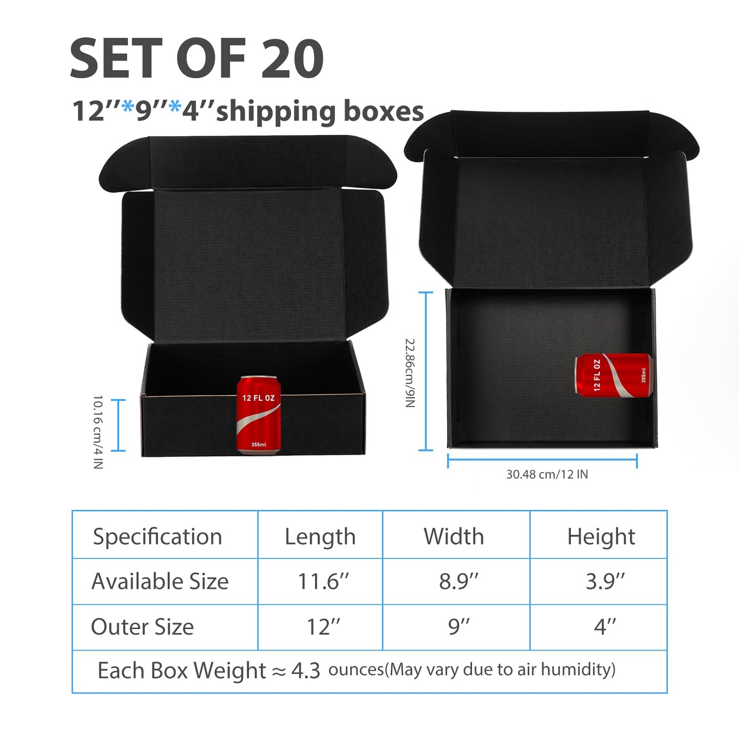 DUZCLI Black Shipping Boxes 12x9x4 Inches, 20 Pack