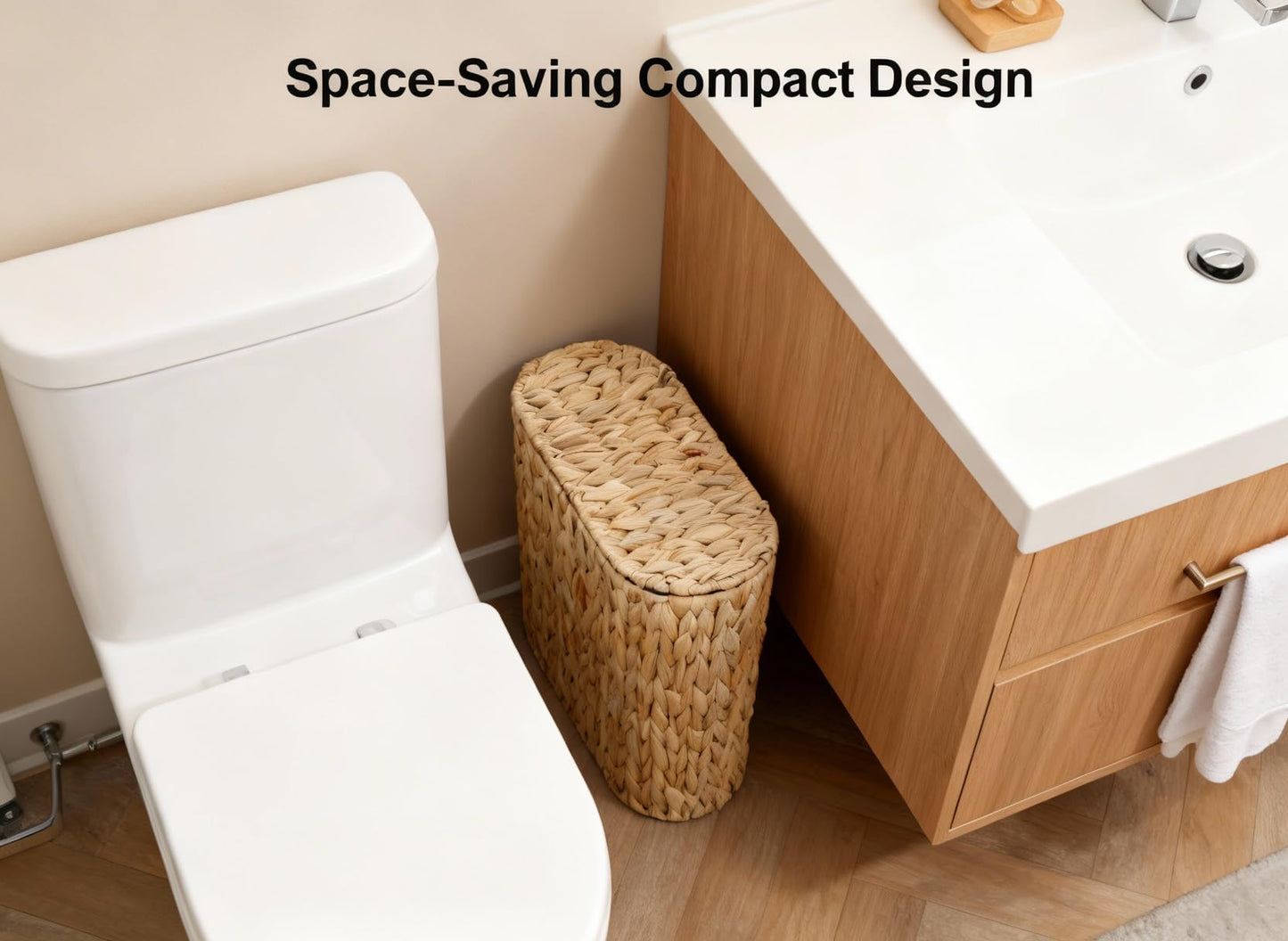 Coeusy Wicker Bathroom Trash Can with Lid,Narrow Rattan Waste Basket with Removable Liner Bucket,Slim Woven Water Hyacinth Garbage Can for Bedroom,Office,Small Spaces,3 Gallon
