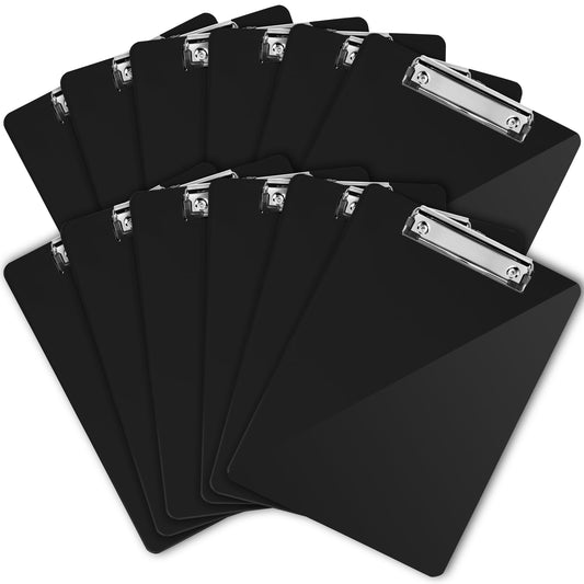 Black Plastic Clipboards (Set of 12) Multipack - 12.5x9 Inch Clipboard Holds 100 Sheets, Low Profile | Colored Acrylic Clip Boards in Bulk for Kids & Professionals