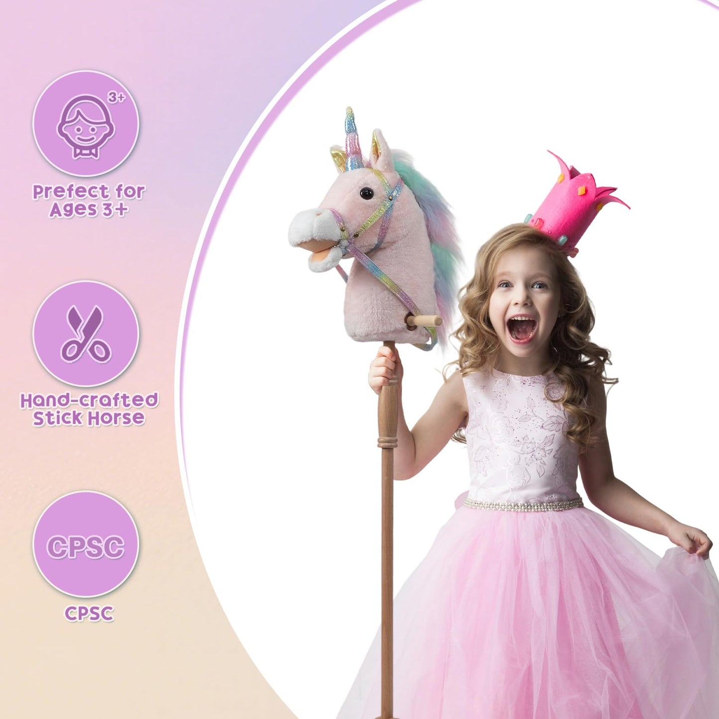 HollyHOME Unicorn Stick Horse with Wood Wheels Real Pony Neighing and Galloping Sounds Plush Unicorn Toy Pink with Rainbow Mane 36 Inches(AA Batteries Required)
