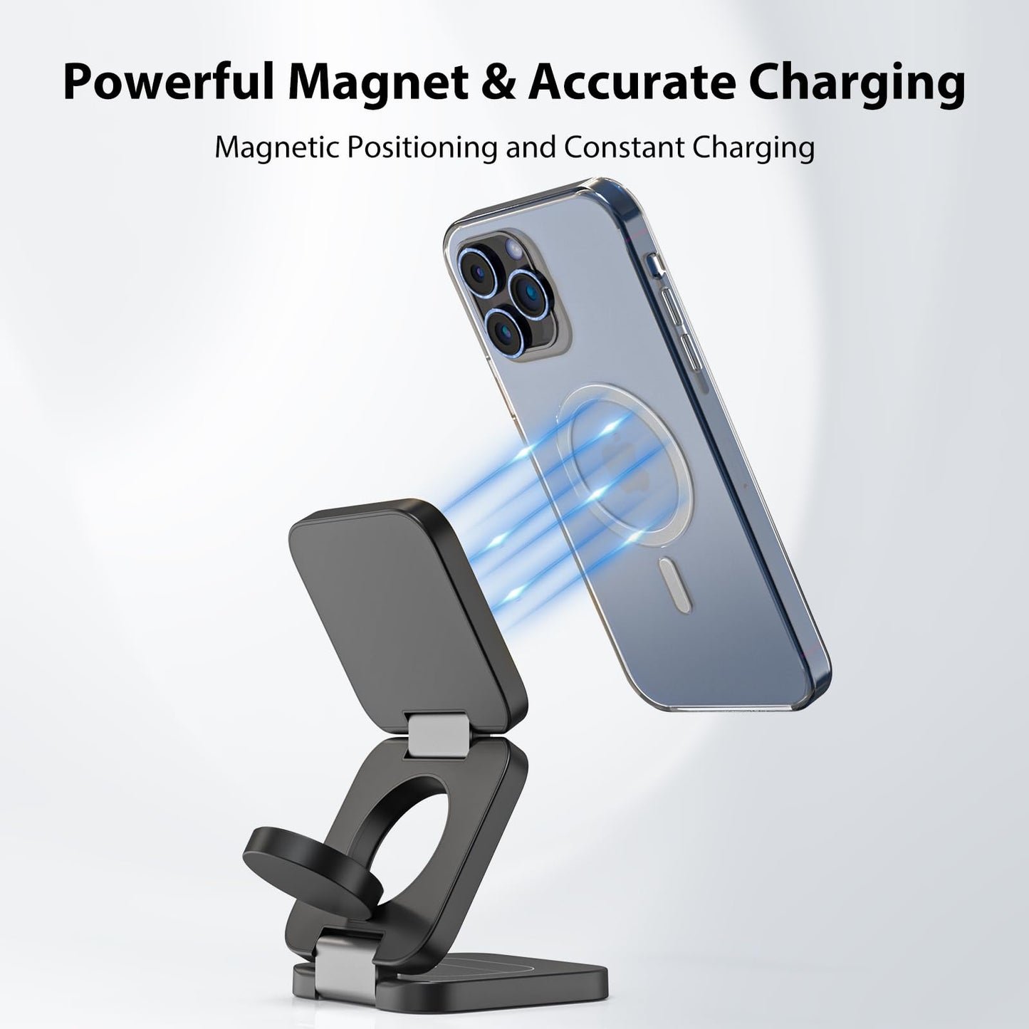 KU XIU Fast Wireless Charger, Magnetic Foldable 3 in 1 Charging Station for iPhone 16/15/14/13/12/Pro/Plus/Pro Max, 5W Portable Charger for Apple Watch9/8/7/6/5/4/3/SE, for Airpods3/2/Pro-Black