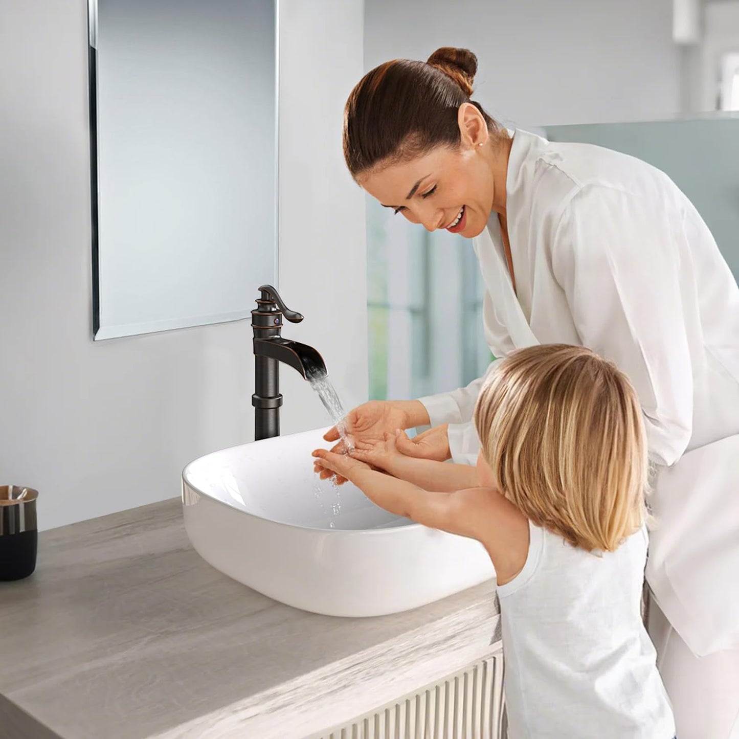 BATHLAVISH Vessel Sink Faucet, Oil Rubbed Bronze Black Bathroom Faucet, Farmhouse Waterfall Sink Faucet Single Hole with Pop Up Drain Assembly Without Overflow One Hole Mixer Tap Deck Mount