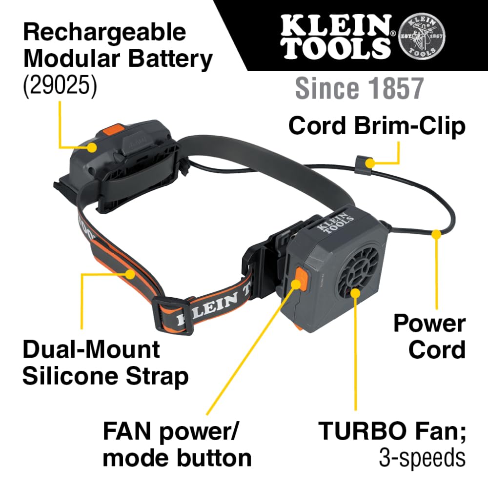 Klein Tools 60821 Rechargeable Portable Cooling Turbo Fan for Hard Hats and Safety Helmets, Quiet 3-Speed Fan with Dual-Mount Strap and Bracket