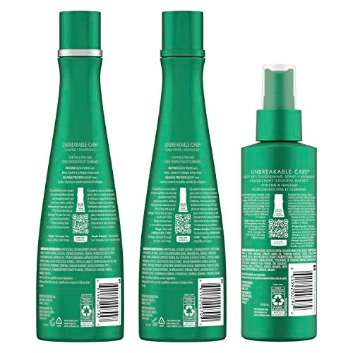 Nexxus Unbreakable Care Shampoo Conditioner and Leave-In Spray 3 Pack For Fine and Thin Hair with Keratin Collagen Biotin 13.5 oz 6 oz