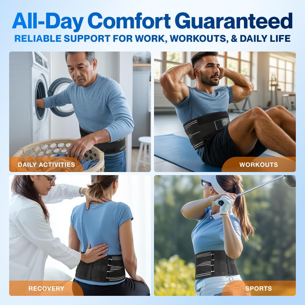 Modvel Back Braces for Lower Back Pain Relief with 6 Stays, Breathable Back Support Belt for Men/Women for work, Anti-skid lumbar support belt with 16-hole Mesh for sciatica (M)