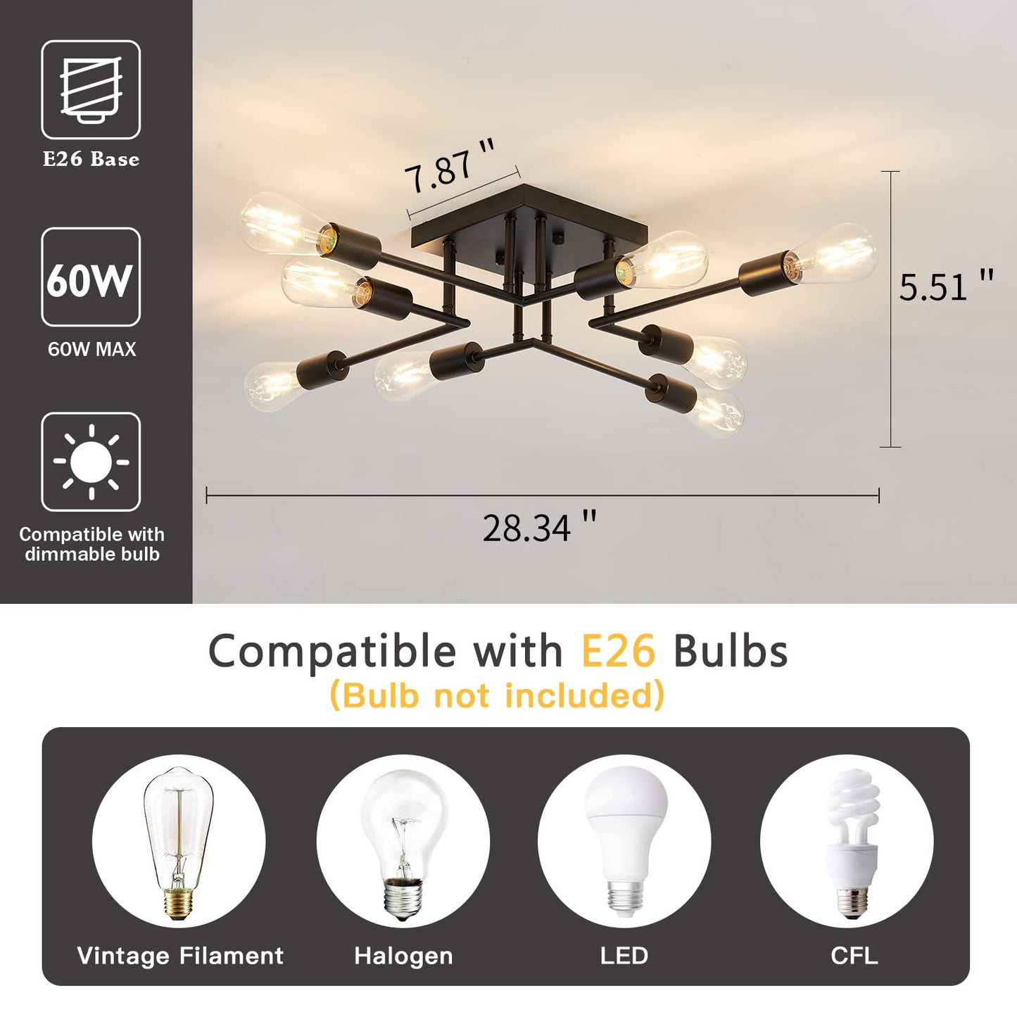 ASGYISA 8-Lights Semi Flush Mount Ceiling Light Fixture Modern Metal Black Sputnik Chandeliers with E26 Bulb Base Close to Ceiling Light for Kitchen Dining Room Living Room Hallway Bedroom