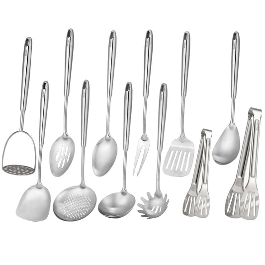 304 Stainless Steel Kitchen Utensils Set - 12 PCS Long All Metal Cooking Utensils & Large Serving Utensils - Potato Masher, Fork, Tongs, Tunner, Pasta, Serving Spoon, Skimmer, Ladle, Spatula Spoon Set