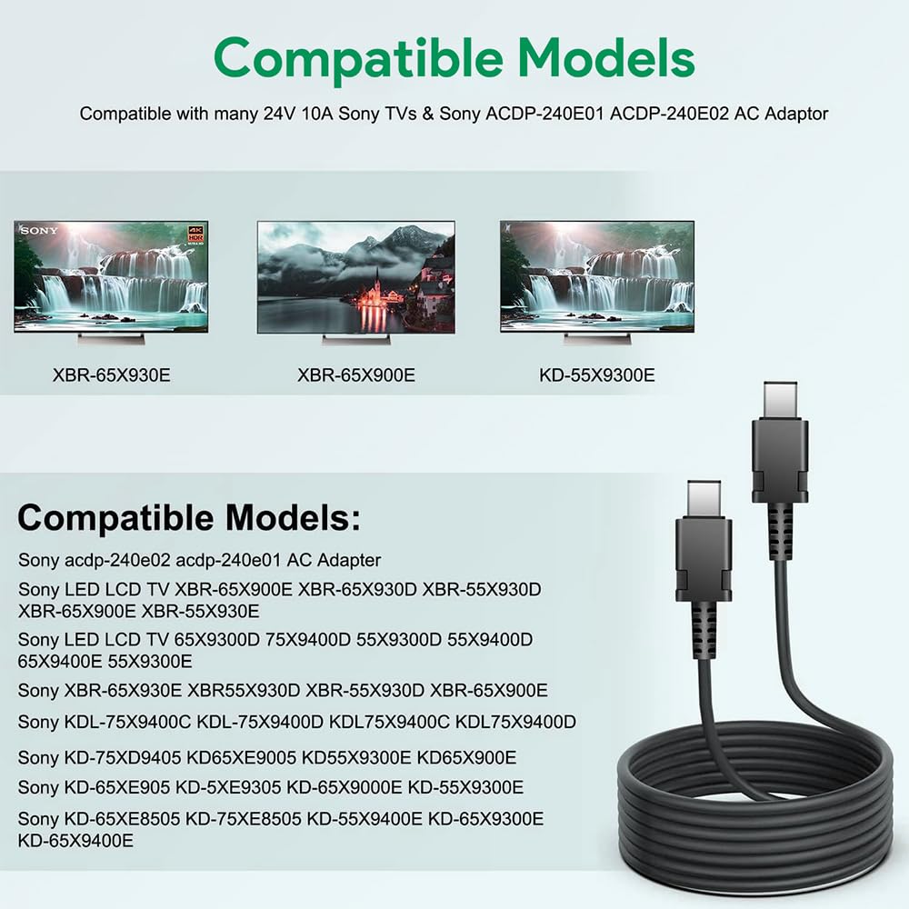 CASIMY XBR-65X900E DC Plug Cord Sync Data Charging Cable Compatible with Sony ACDP-240E01 ACDP-240E02 5X9400E 65X9400E 55X930D 55X930E 65X930D 65X900E 65X905E 75X900E 75X900E 4K LED TV Charger Adapter
