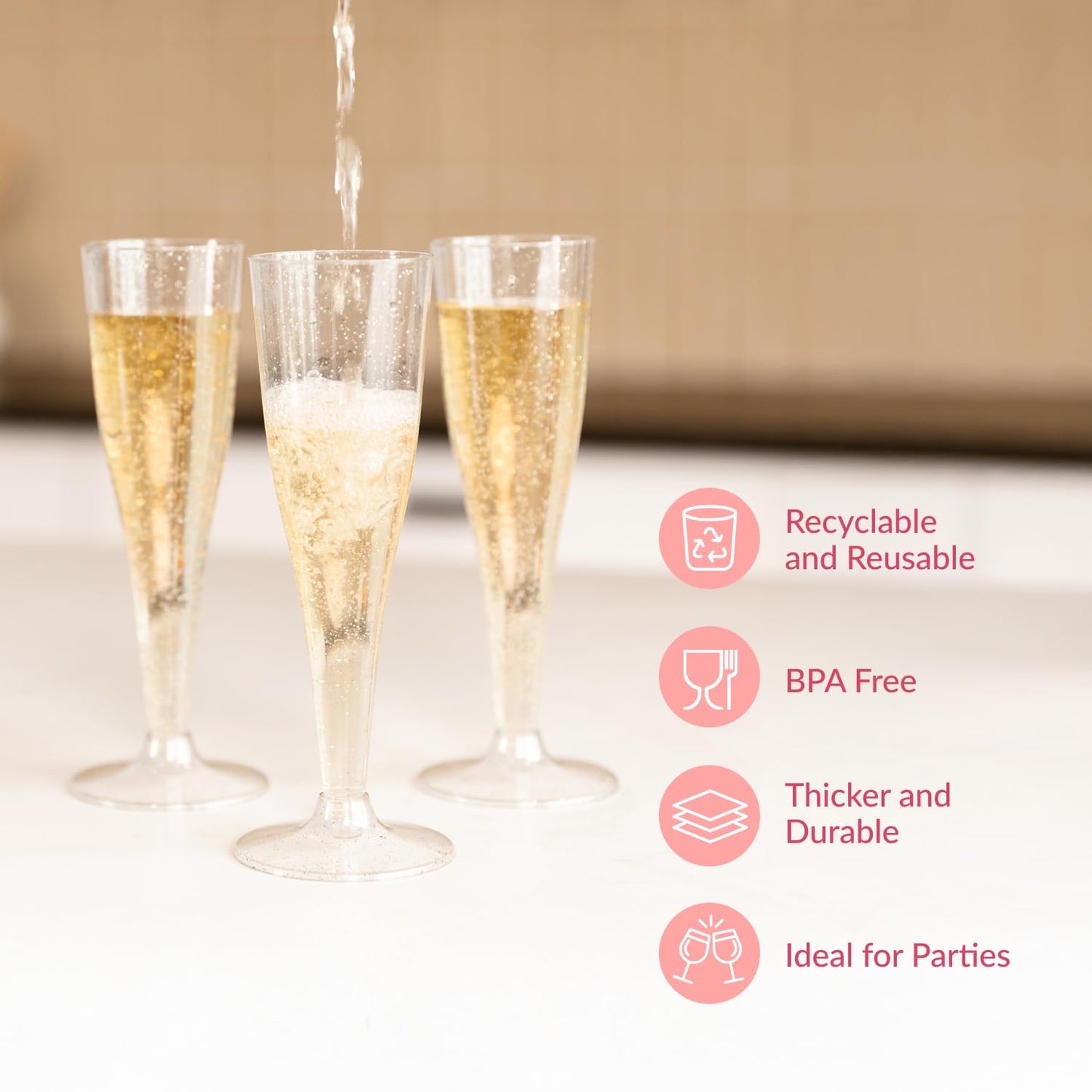 Prestee 200 Disposable Champagne Flutes Plastic 200 Pack - Silver Glitter Champagne Flutes for Weddings, Parties, and New Year’s Eve - 4.5 Oz Plastic Silver Party Glasses