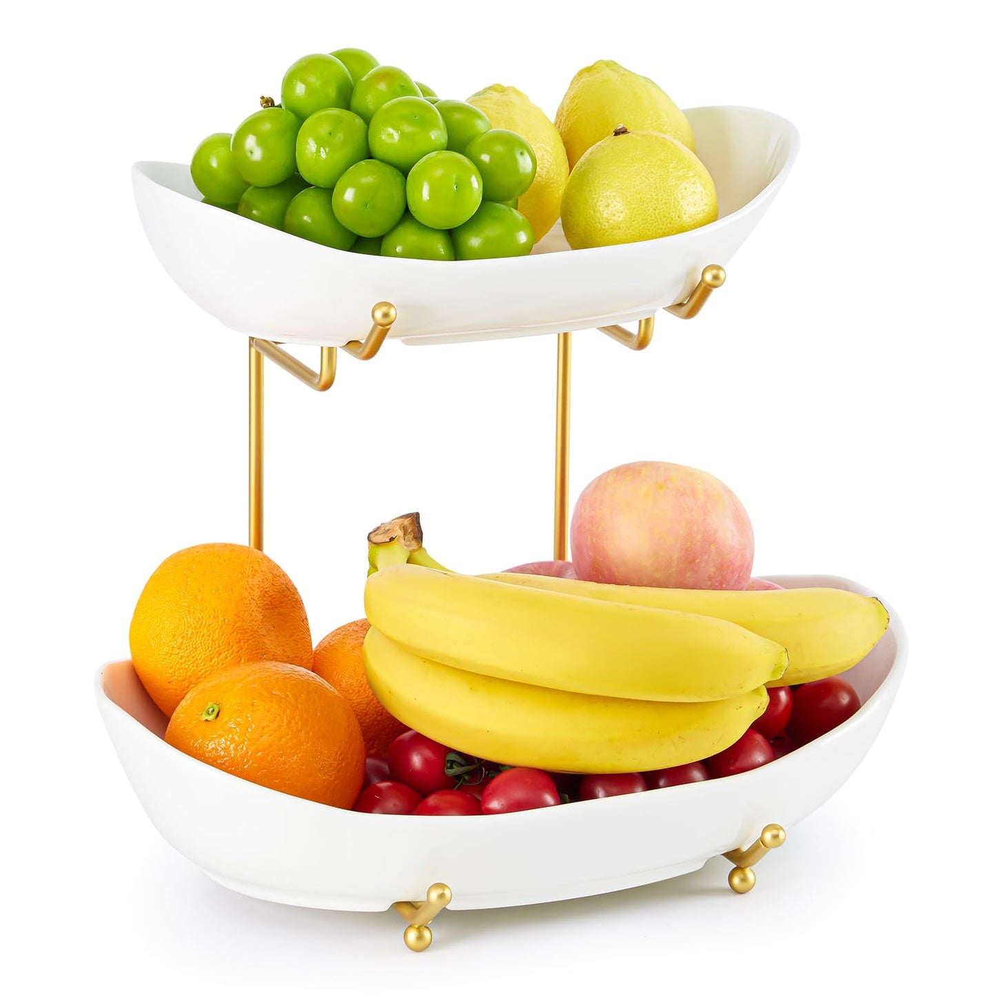 HOMKULA 2 Tier Ceramic Fruit Bowl for Kitchen Counter, Tiered Fruit Basket for Countertop, Modern Multi Layer Fruit Display Stand for Party, Cute (Gold&White, Large)