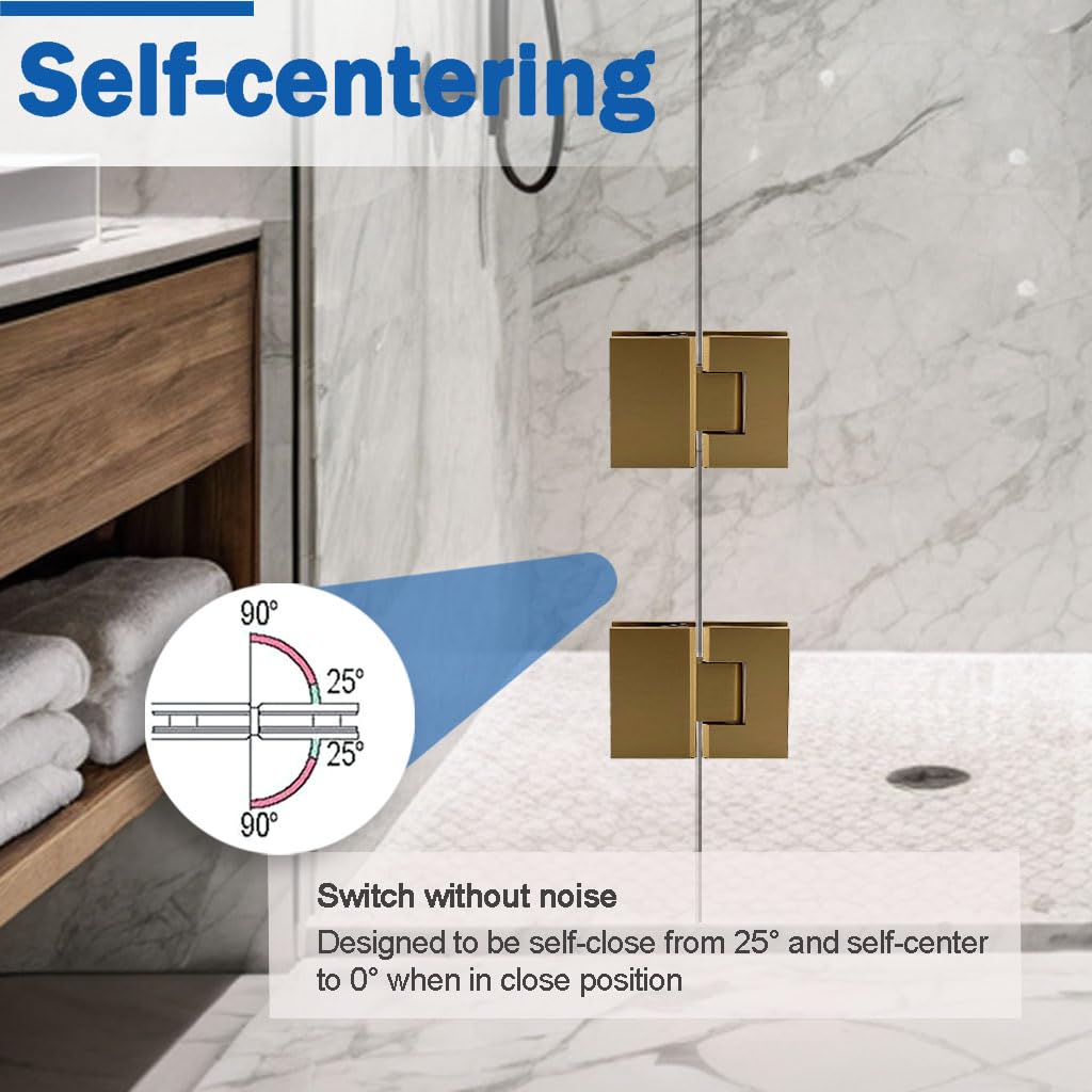 NovaNectar Brass Glass Door Hinge,90 Degree Heavy Duty Short Back Plate Hinges, Shower Door Hardware Replacement for 5/16" to 1/2" (8 to 12 mm) Tempered Glass (Gold, 1 Pack (180 Degree))