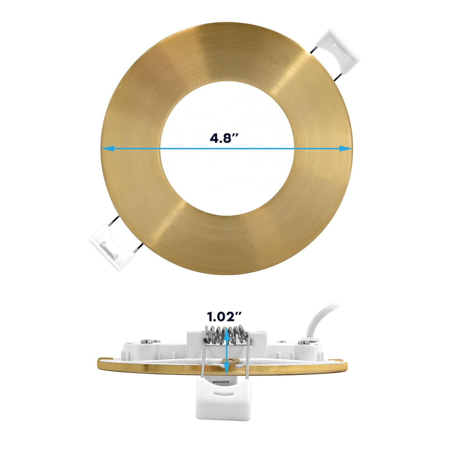 LUXRITE 4 Inch Ultra Thin LED Recessed Light with J-Box, 10W, 5 Color Options 2700K | 3000K | 3500K | 4000K | 5000K, Dimmable Wafer Lights, 750 Lumens, Brass Trim, Energy Star, IC Rated (4 Pack)