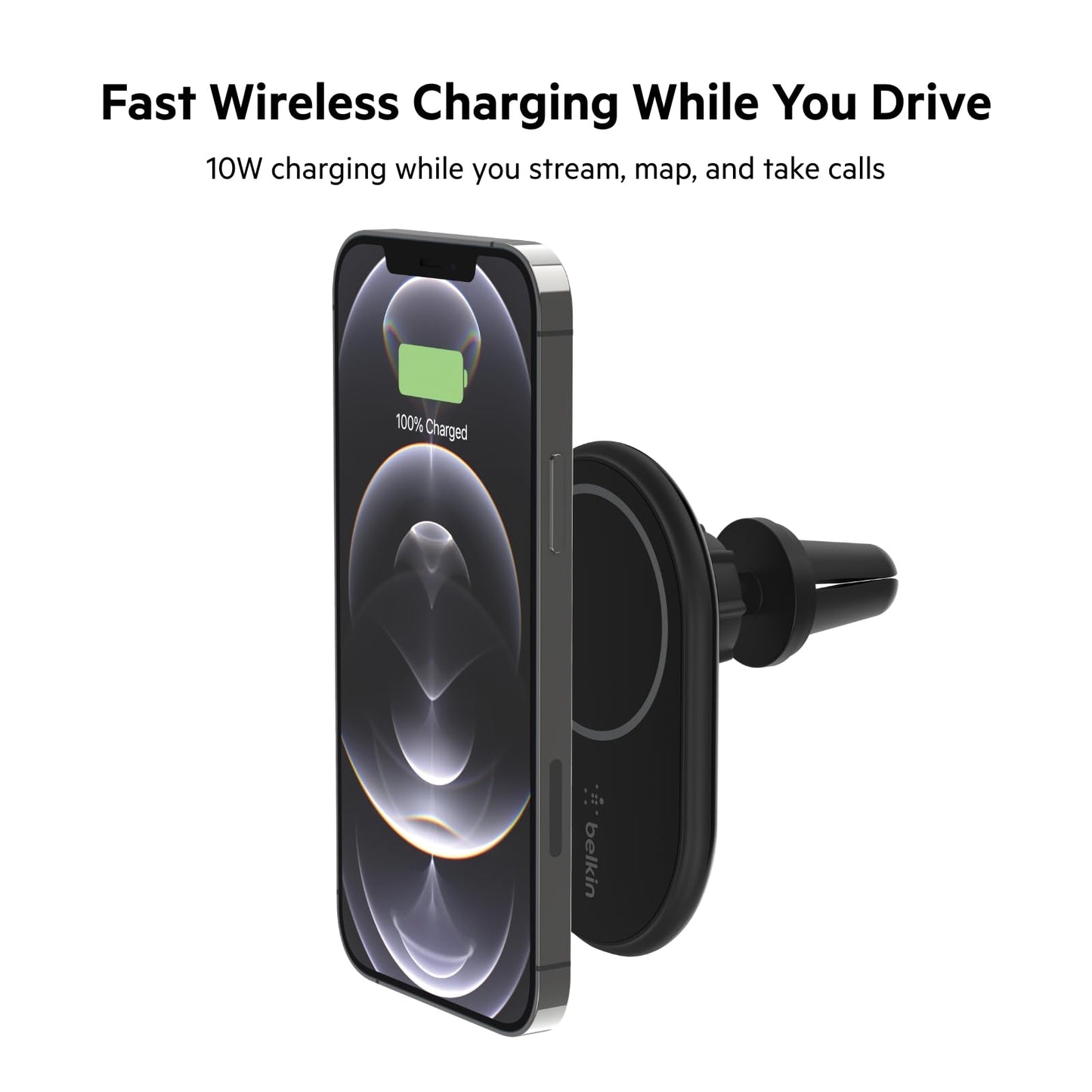 Belkin MagSafe-Compatible Magnetic Wireless Car Charger 10W - BoostCharge Pro Wireless Charger, Magnetic Car Vent Phone Mount for iPhone 16, iPhone 15, 14, & 13 Series, Power Supply Included - Black
