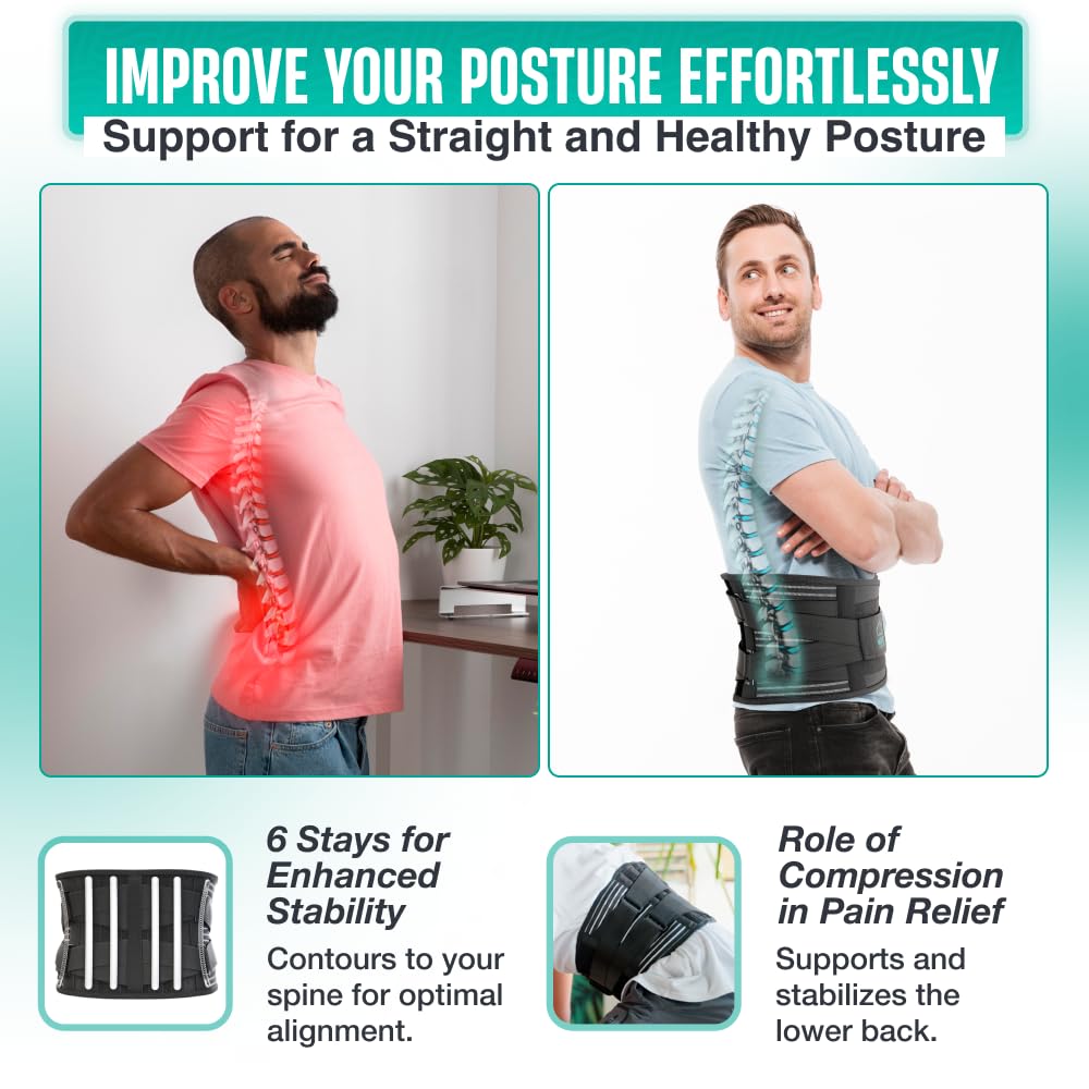 Modvel Back Braces for Lower Back Pain Relief with 6 Stays, Breathable Back Support Belt for Men/Women for work, Anti-skid lumbar support belt with 16-hole Mesh for sciatica (XL)