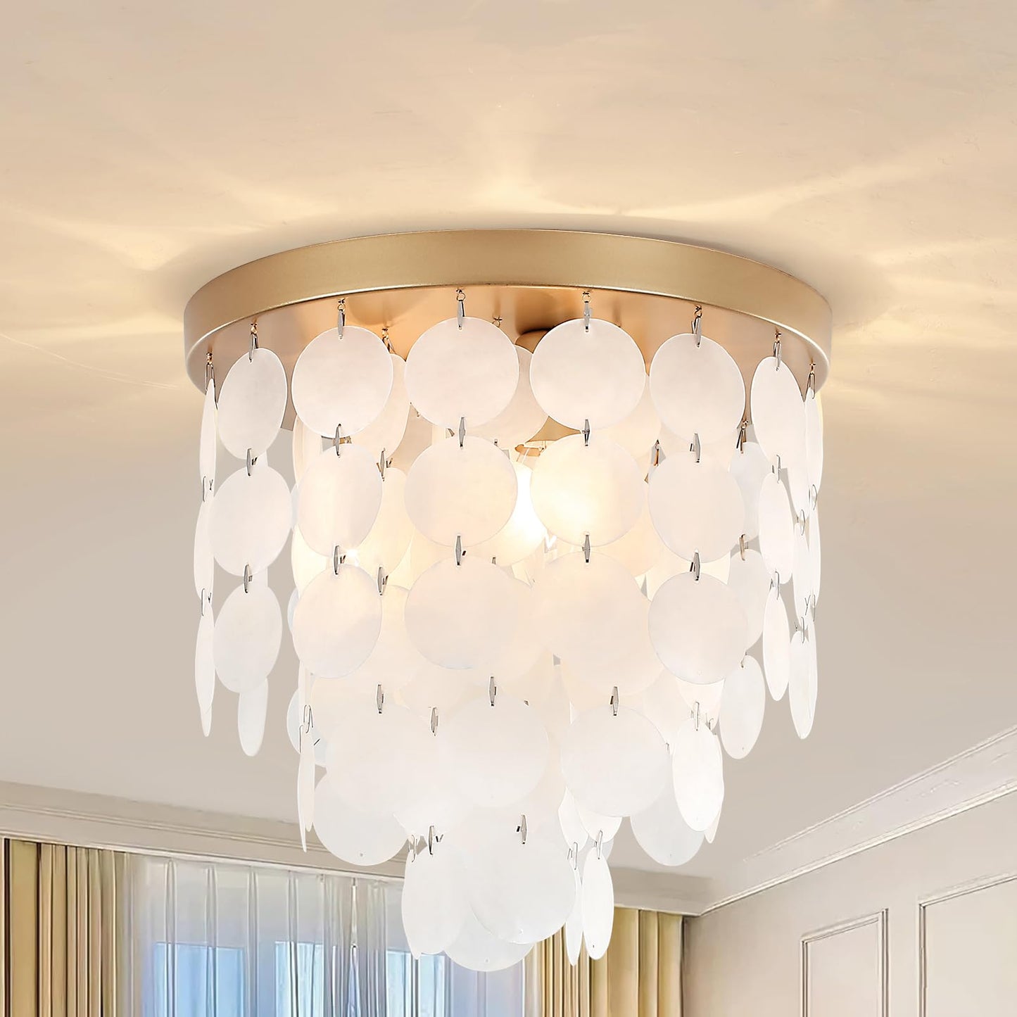 PUZHI HOME 11.8 Inch Gold Flush Mount Ceiling Light Fixture with Natural Capiz Shells, Dimmable 3-Light Modern Coastal Lighting for Bedroom, Living Room, Kitchen, Dining Room, Hallway, Closet