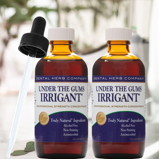 Dental Herb Company Under The Gums Irrigant: (2 Pack with Dropper) A Solution for Oral Irrigators and Water Flossers - Made with Pure Essential Oils and Herbs - Alcohol-Free, Vegan, Non-GMO
