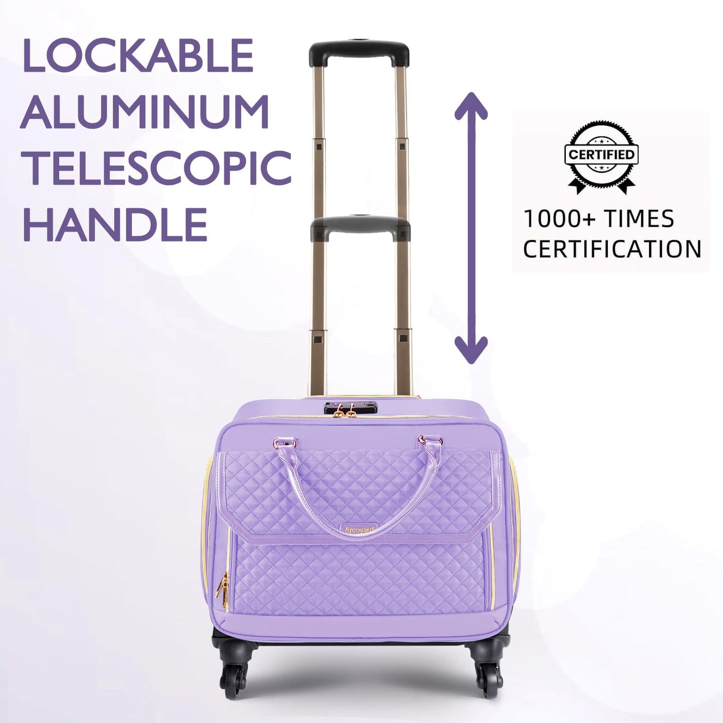 Arcoyard Rolling Teacher Bag, Briefcase for Women with 4 Spinner Wheels, Roller Laptop Bag for Work with Leather Handle, Womens Travel Carry On, TSA Friendly Design, Purple