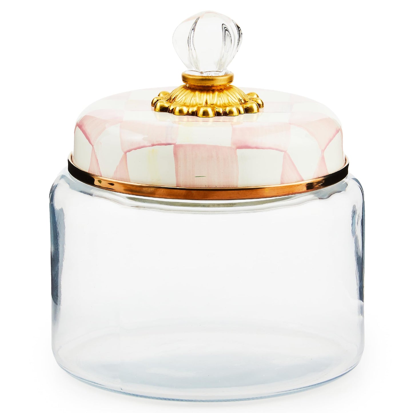 MACKENZIE-CHILDS Rosy Check Kitchen Canister, Decorative Pink-and-White Glass Storage Jar with Lid, Small