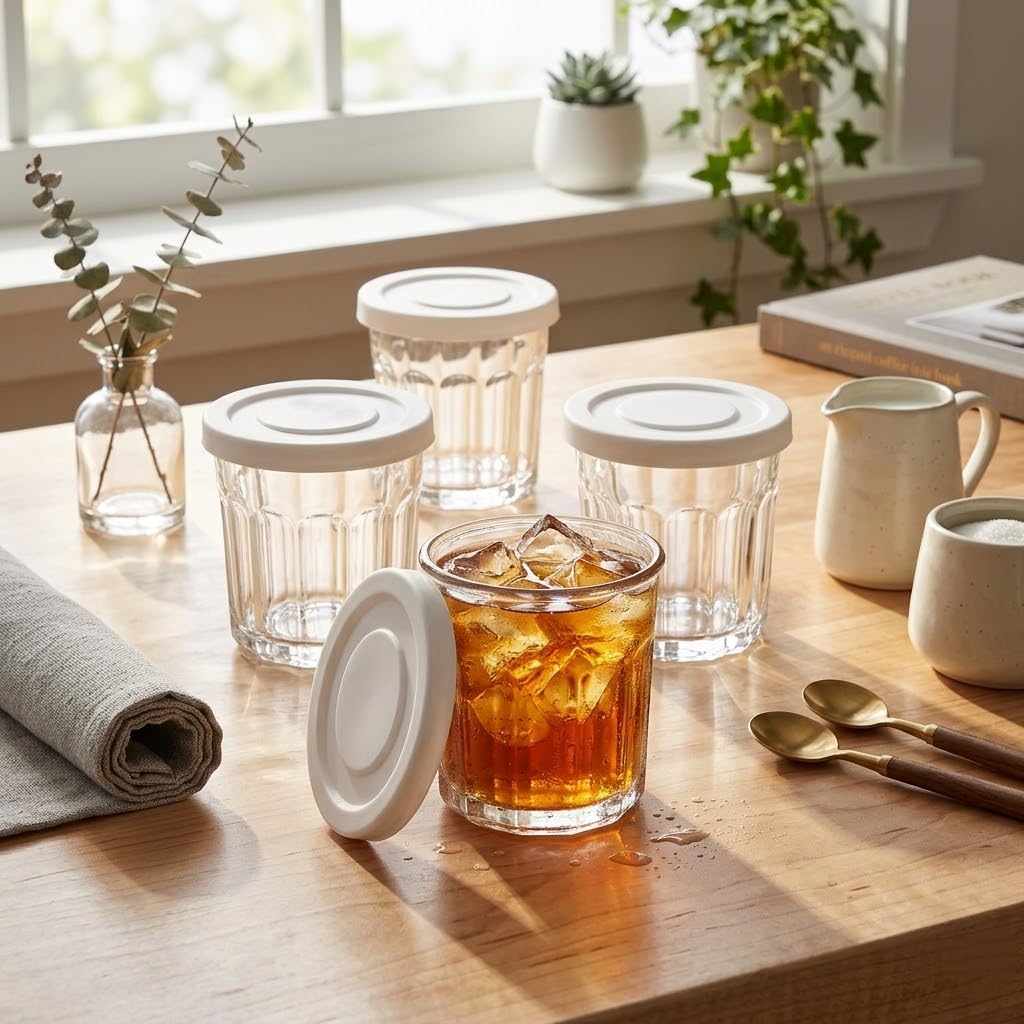 MedoouHait Working Glass Cups with Lids Set of 4,13.5oz Thick Drinking Glasses, Heavy Duty Glass Tumblers, Stackable Food Storage Jars,Clear Picardie Style Glassware