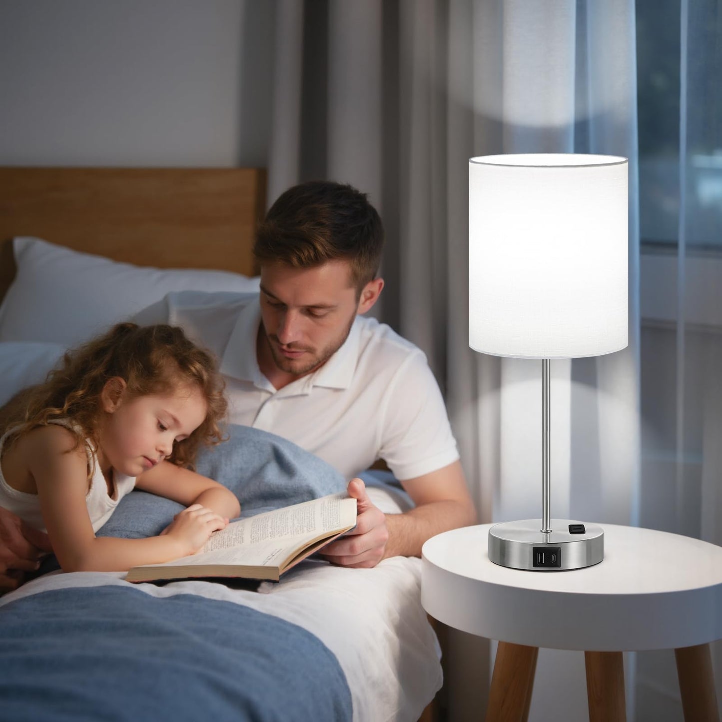 White Touch Lamps for Nightstand Set of 2 - Bedside Table Lamp for Bedroom with Dual USB Ports & AC Outlet, 3-Way Dimmable Lamps for Living Room Boys Room, Night Light with 5000K Daylight Bulbs